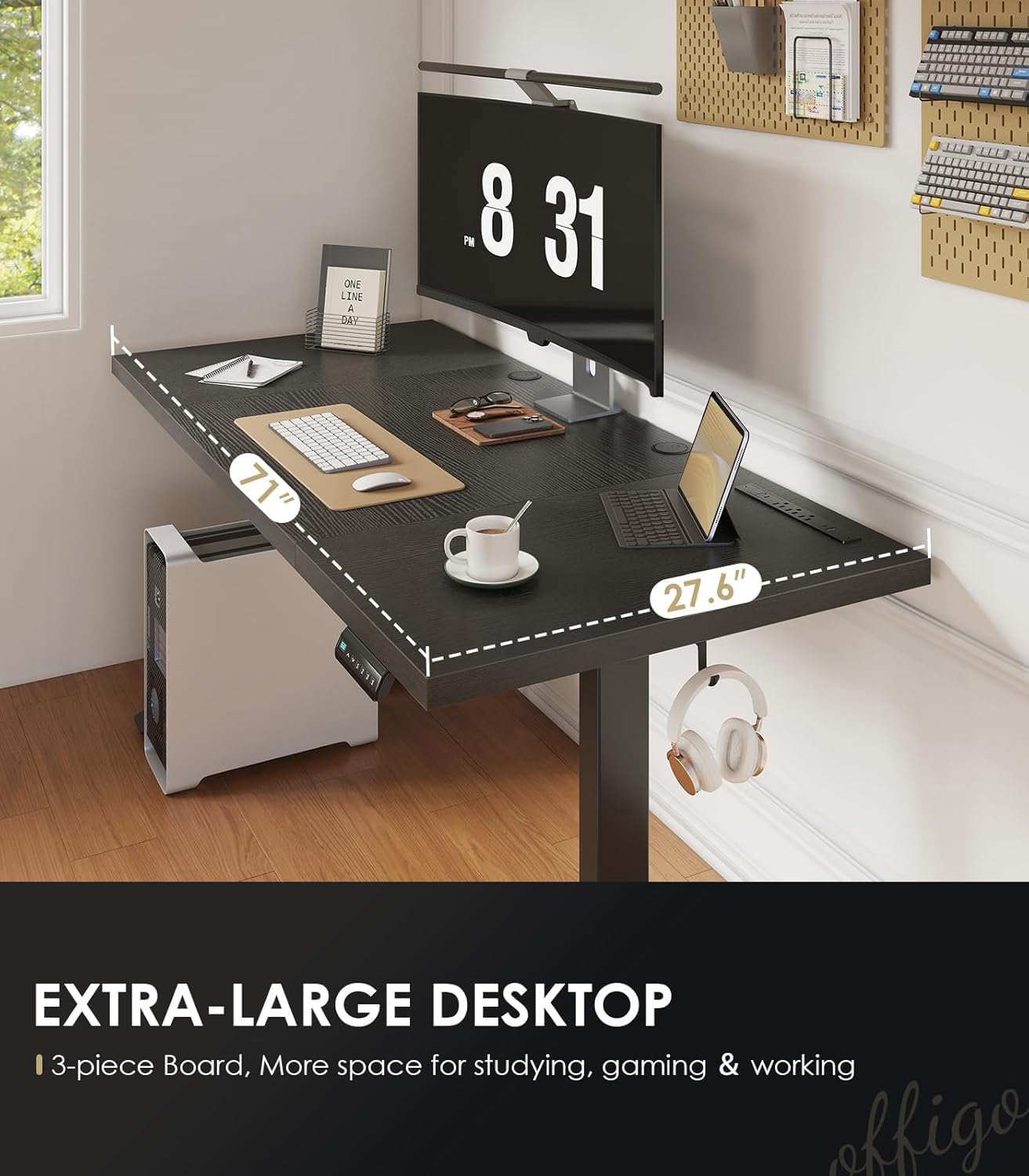 OffiGo 71 Inch Executive Electric Standing Desk, Height Adjustable Desk with Power Outlet & 1.38" Thick 3-Piece Desktop, Sit Stand Computer Desk for Home, Office, Conference Room, Black