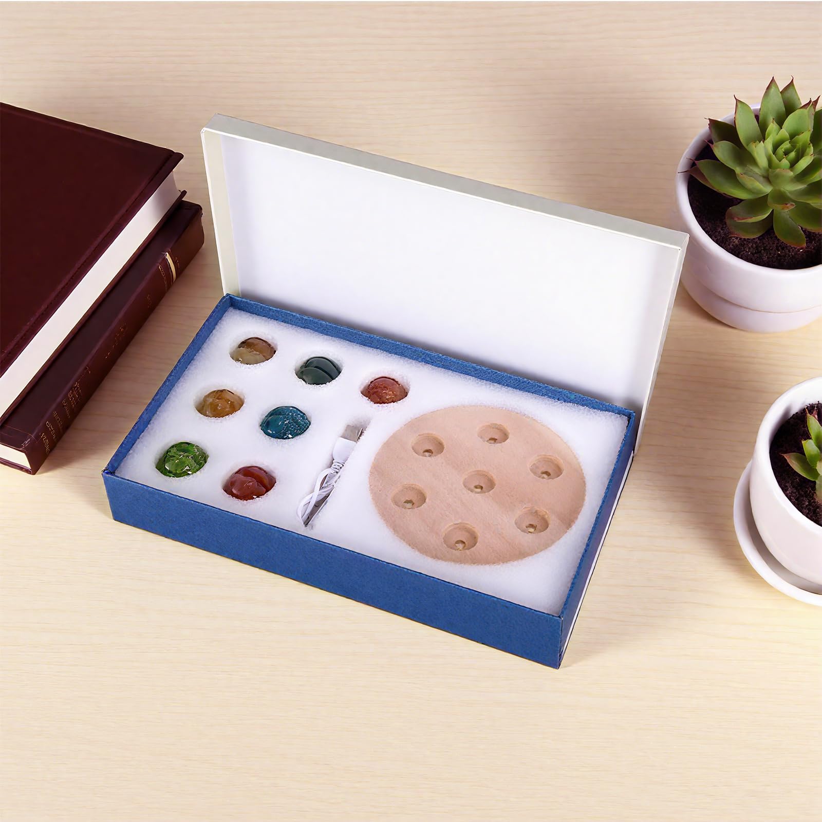 Piedras de cuarzo de cristal de 40 mm, esferas curativas naturales de 7 chakras con soporte de madera LED para meditación, energía positiva, luz nocturna, juego de bolas de decoración
