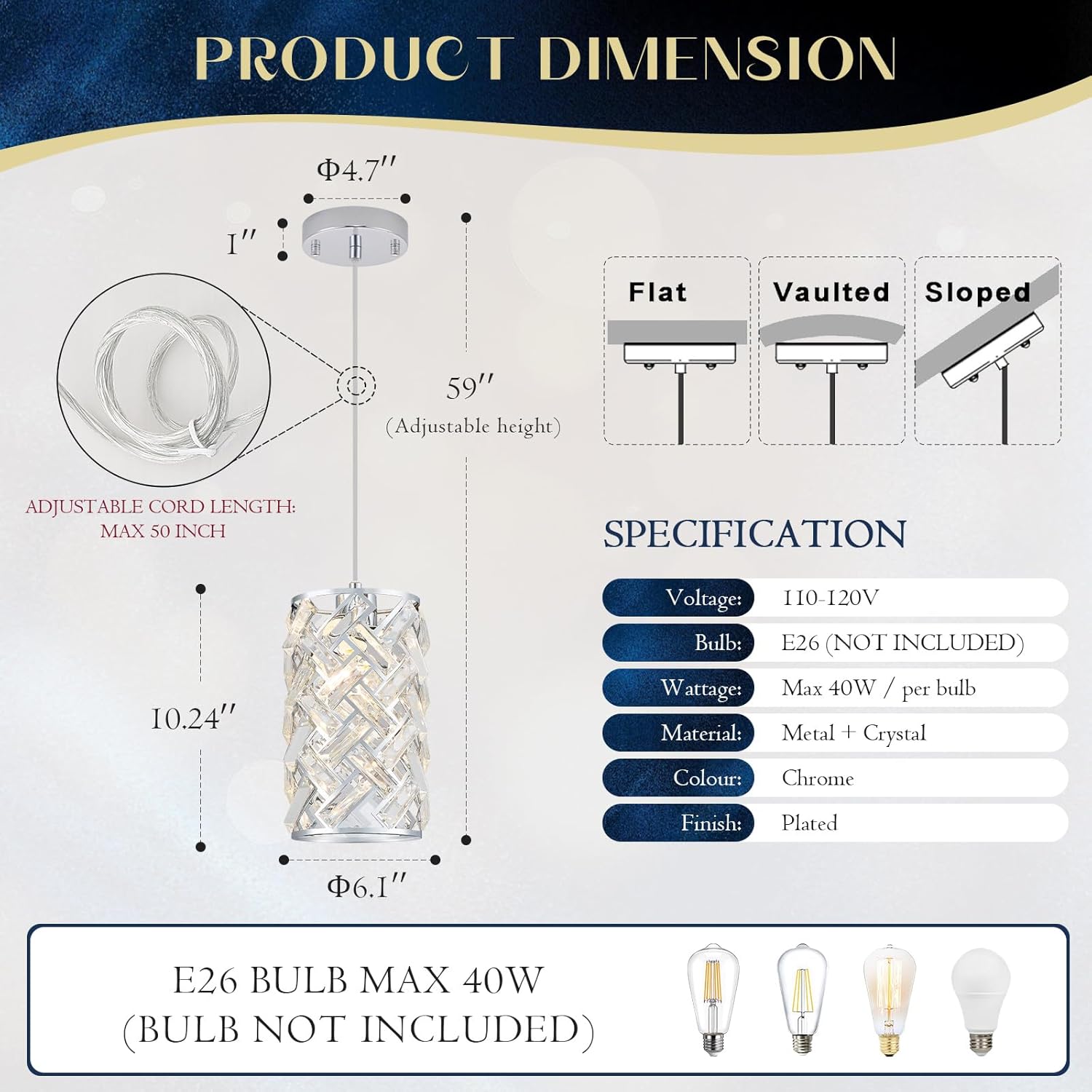 Modern Chrome Crystal Pendant Light Fixture – Adjustable Mini Chandelier Hanging Light for Kitchen Island, Dining Room, Bedroom, Hallway, or Foyer