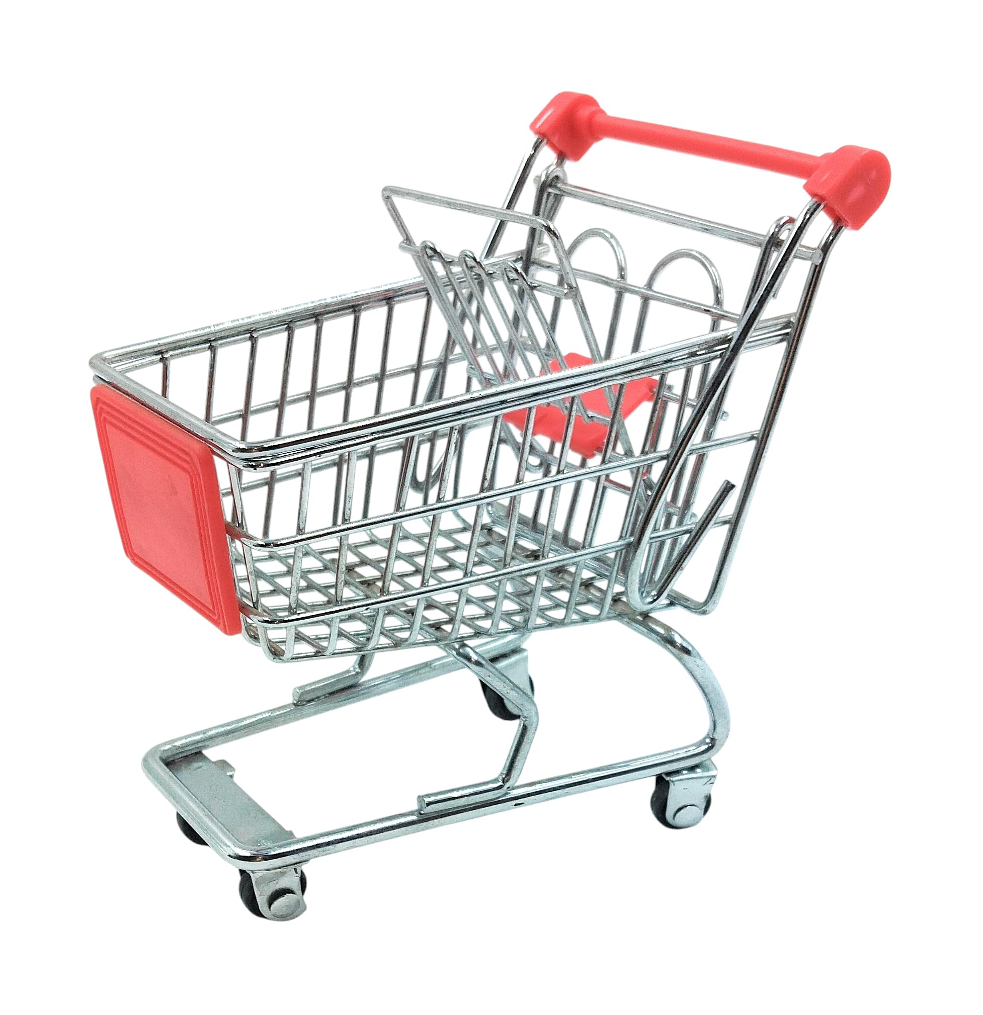 Mini Shopping Cart, Chrome Steel Wire with Red Plastic Handle, Miniature Supermarket Trolley, Desk Organiser, Pretend Play Toy | Desk Organiser, Pretend Play Toy, Miniature Trolley, Rolling Wheels, Multi-Use Storage-image-16