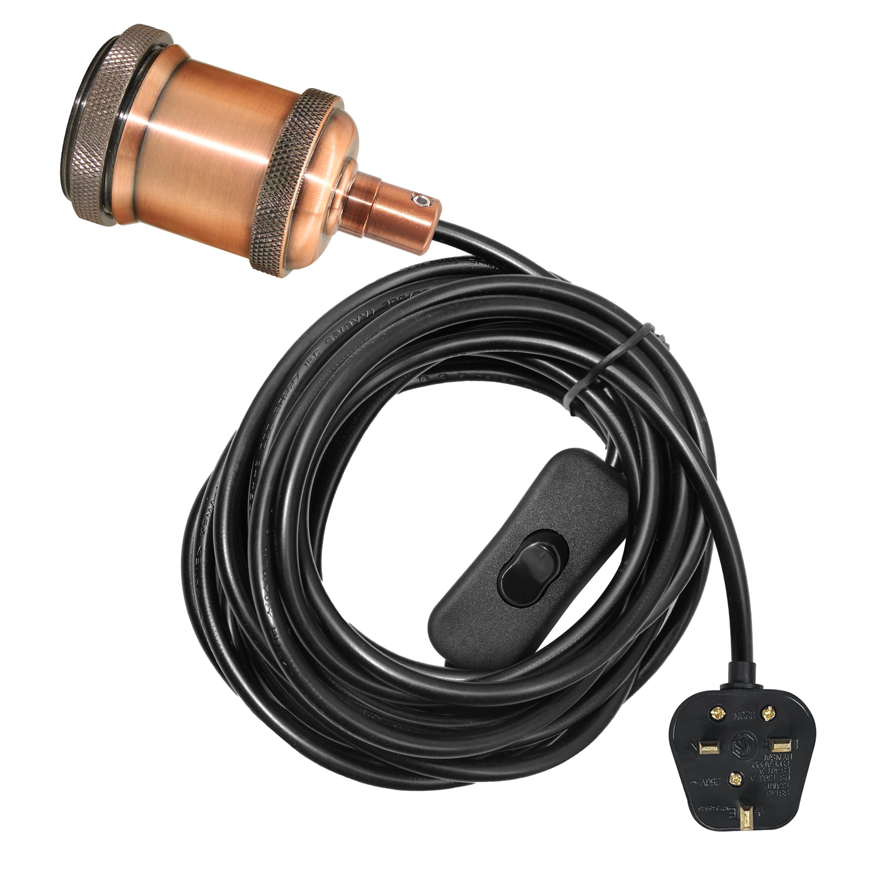 ZRLXFM Plug in Pendant Light Kit, Metal E27 Lamp Holder with Switch and 5M Black Round Power Cord, Detachable Spiral Ring, DIY Hanging Lighting Fitting