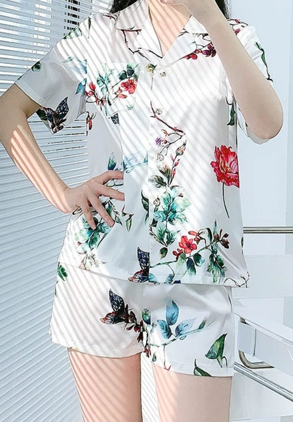 Pijama De Mujer Manga Corta,Estampado Floral Blanco Solapa Pijama De Manga Corta Para Mujer Conjunto De 2 Piezas Pijama Suave Y Cómodo Para Mujer Ropa De Salón Regalo Del Día De La Madre Para Esp