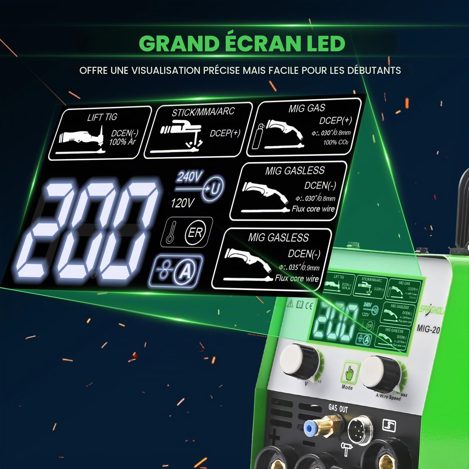 Soudeuse MIG200 200A 240V – Appareil multifonction 4-en-1 pour MIG (Gaz/Noyau à flux), Lift-TIG, MMA (soudure manuelle), mode synergie et écran LED
