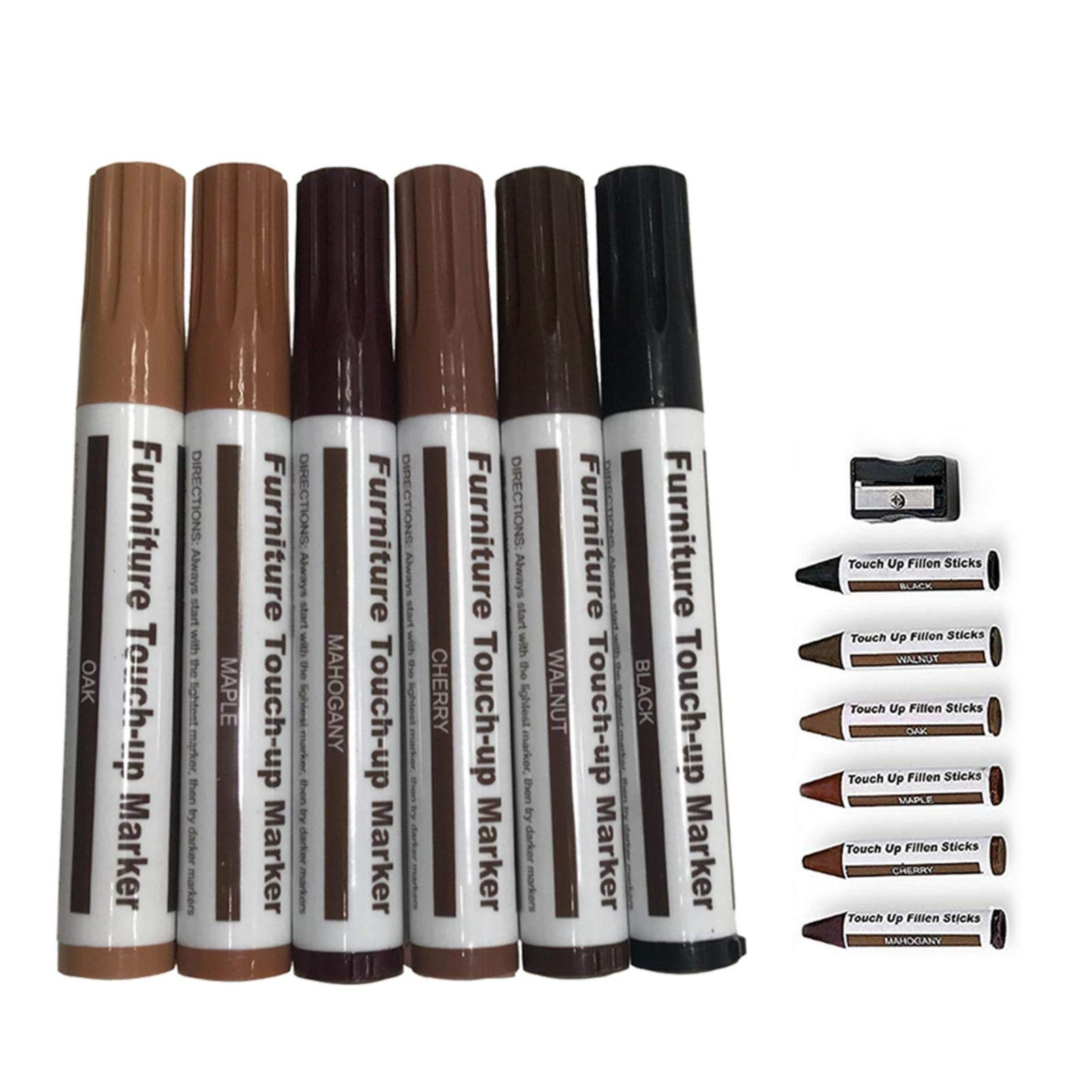 Zceplem Furniture Repair Kit,Pens,Laminate Scratch Repair, For Stains, Scratches, Wood Floors, Tables, Desks, Carpenters, Bedposts, Touch Ups, And Ups, With Sharpener (6+6+1, Set Of 13)