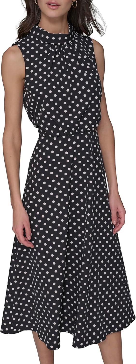 KARL LAGERFELD Paris Women's Mock Neck Patterned Contrasting Colors Midi Dress, Chambray Blue/Sunset Coral Multi