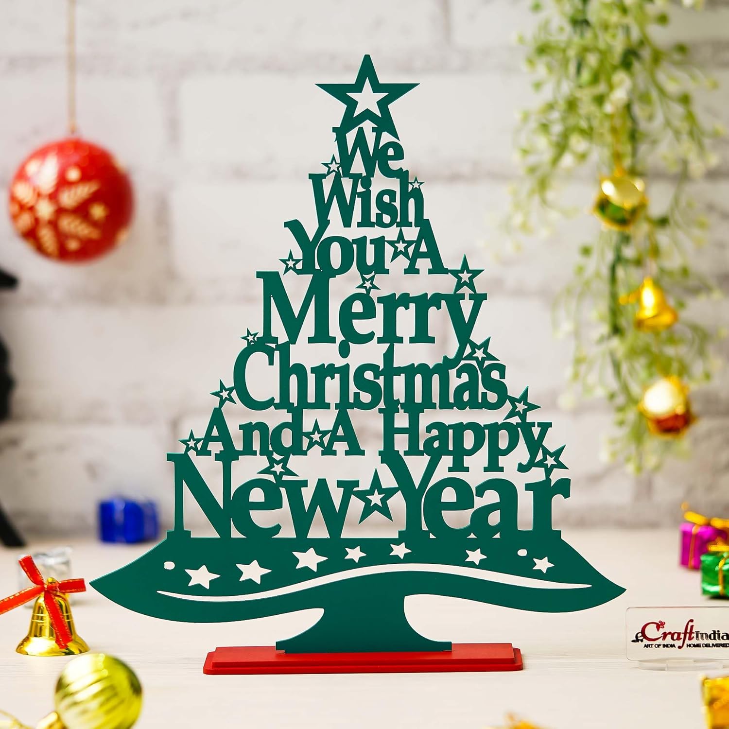 eCraftIndia Wooden Merry Christmas Tree for Table Decor We Wish You A Merry Christmas and A Happy New Year | Showpiece Xmas Decorations Items for Home Office Ornaments Props Gifts