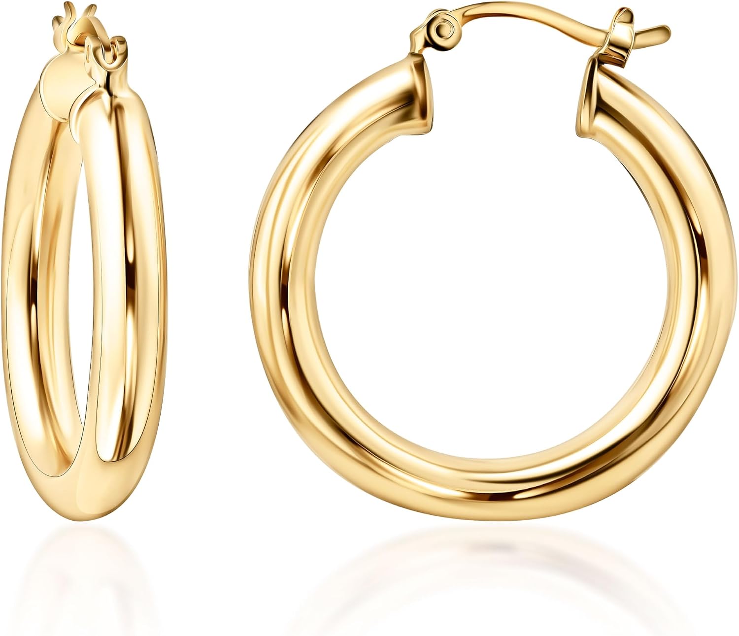 Barzel 18K Gold Plated 4MM Solid Hoop Earrings For Women, Varying sizes 10-60mm, High Polish Finish, Tarnish Free. Made In Brazil
