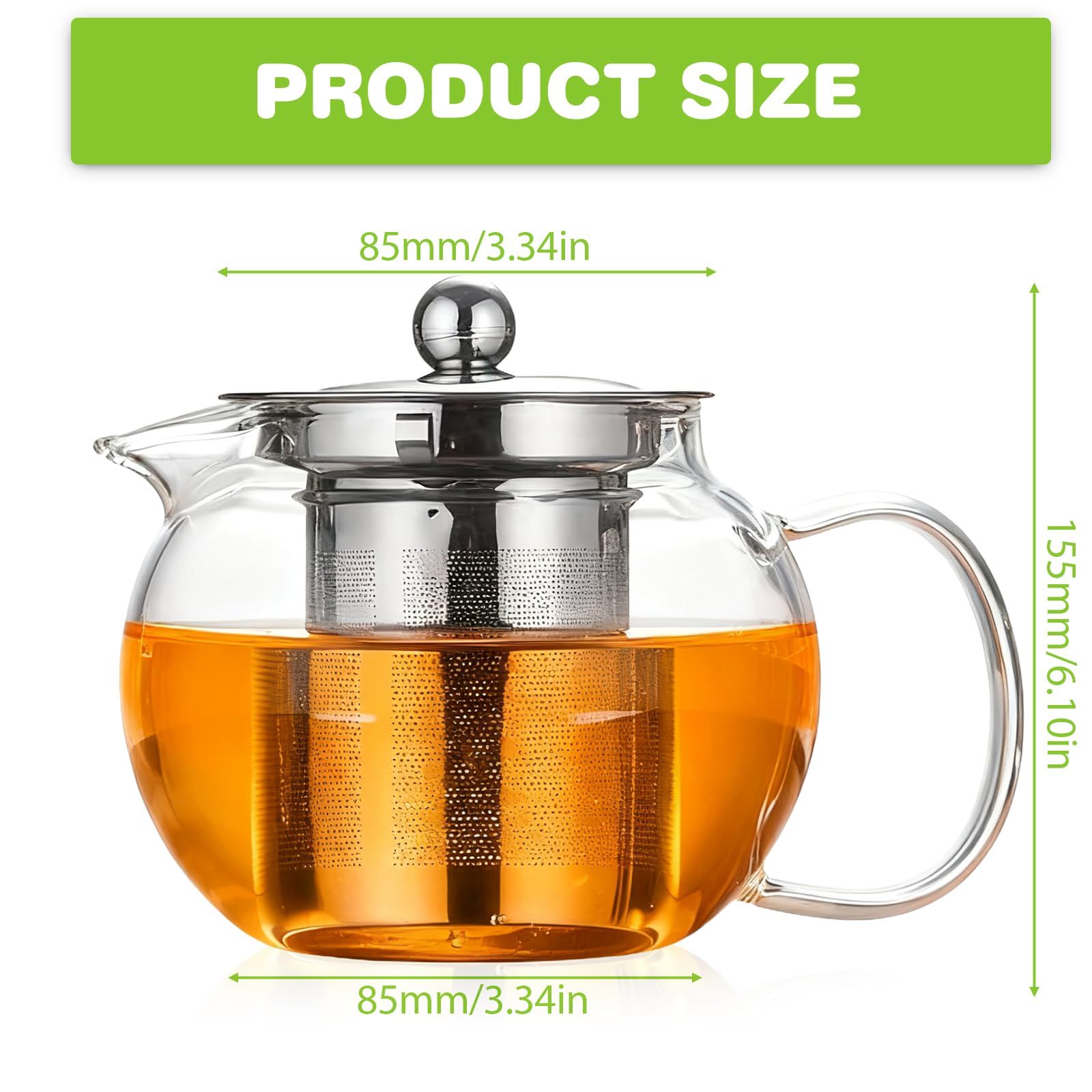 Tetera de cristal de 1300 ml, resistente al calor, cristal de borosilicato con filtro extraíble y tapa, placa de cocina, tetera, tetera, jarra de cristal para té, té de hierbas y bolsitas de té