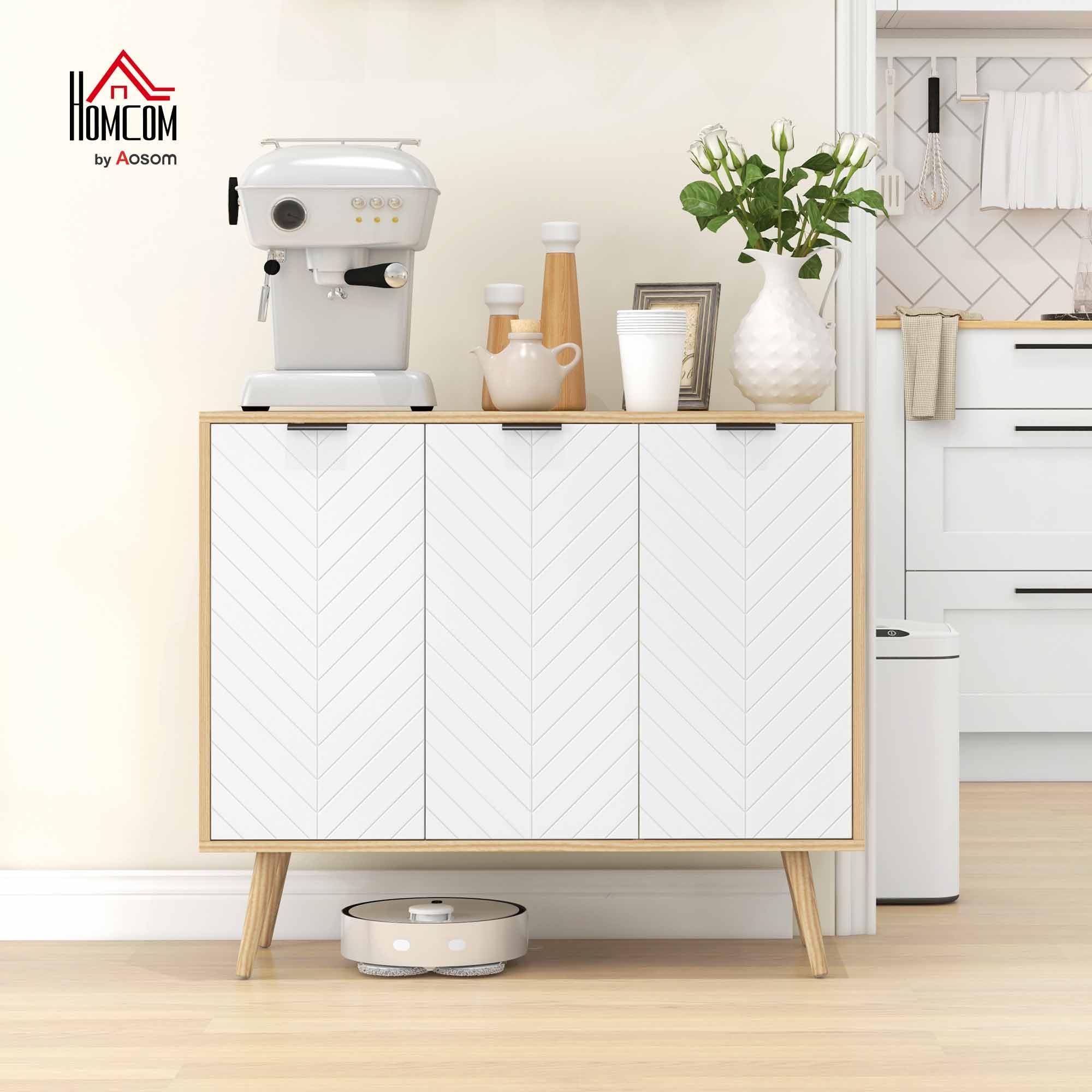 HOMCOM Buffet Salon, Meuble de Rangement avec 3 Portes et étagère réglable, Pieds en Bois de pin, Buffet Salle à Manger Cuisine et Chambre, 91,5 x 35 x 77,4 cm, Blanc et Bois Naturel