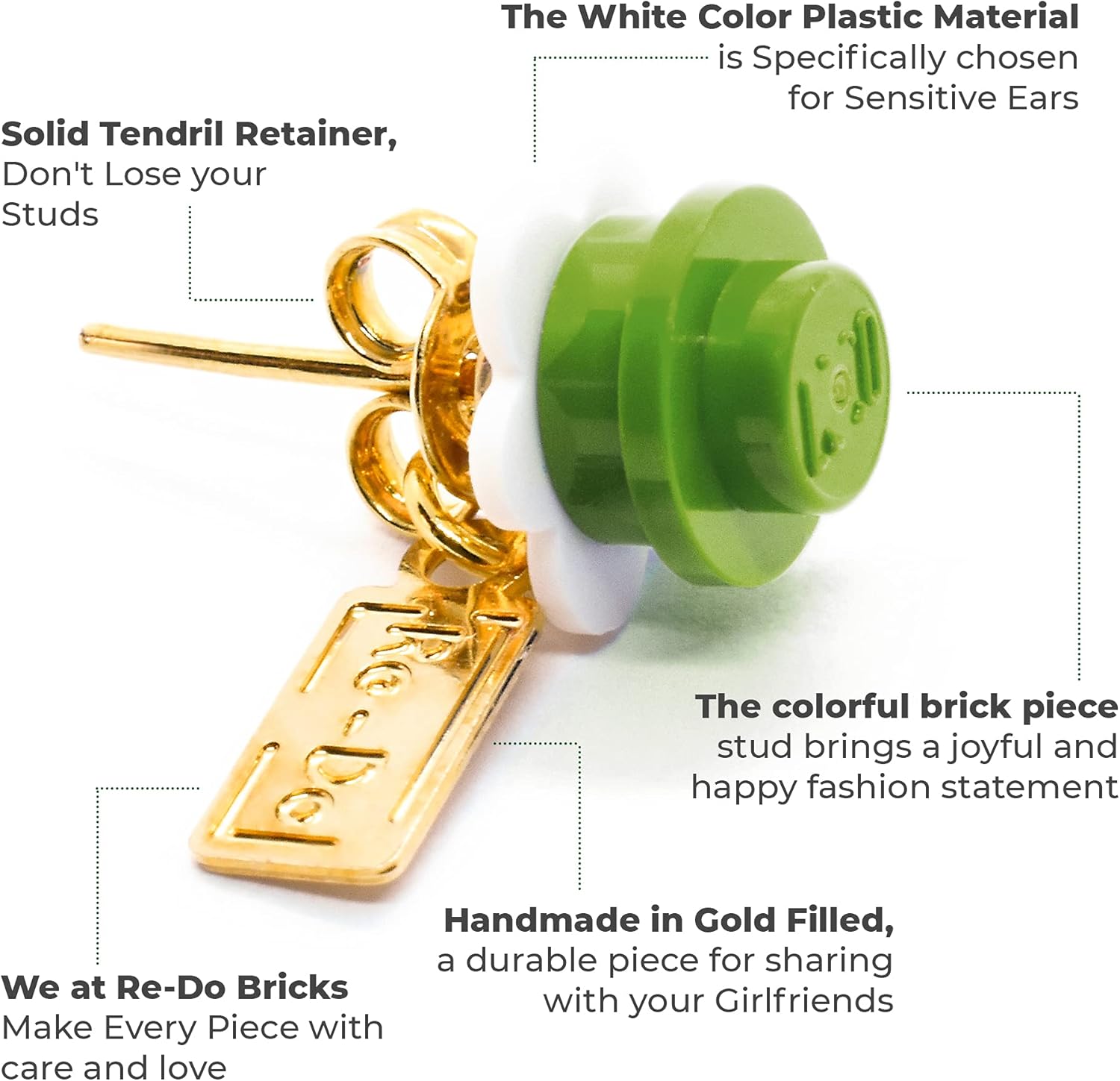Flower Brick Studs Earrings by Redo-Bricks | Little Flower Collection | Limited Edition | Cute Comfortable and Durable for Girls and Women any age (White-Green)