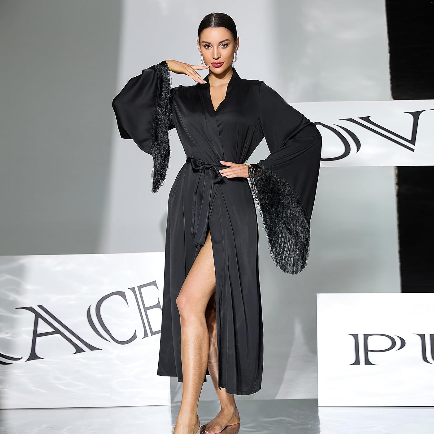 Women Long Satin Robe with Fringe Sleeves Kimono Dressing Gown Belted Elegant Bridal Robe