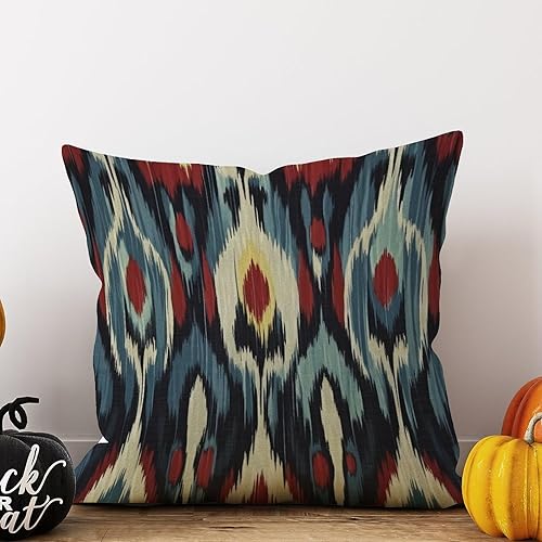 Miniatura 6 de Zyadsinoudor Asian Style Throw Pillow Case Blue Red Cream Ikat Pillow Case Japanese 24x24in Decorative Pillow Home Cotton Linen Elegant Throw Pillow