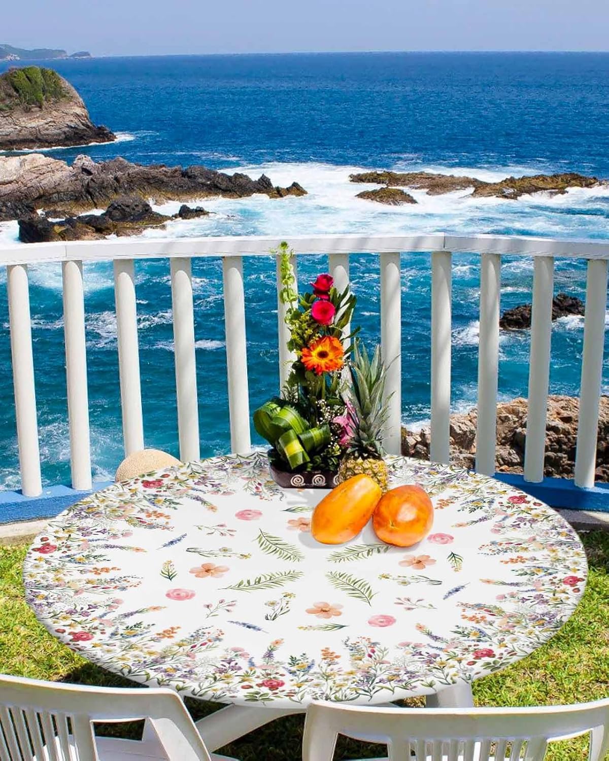 Round Fitted Tablecloth, Spring Flowers Summer Leaves Farmhouse Botanical Floral Wildflowers Waterproof Table Cloth Table Cover with Elastic Edged for Outdoor Parties, Fits Tables up to 36" - 44"