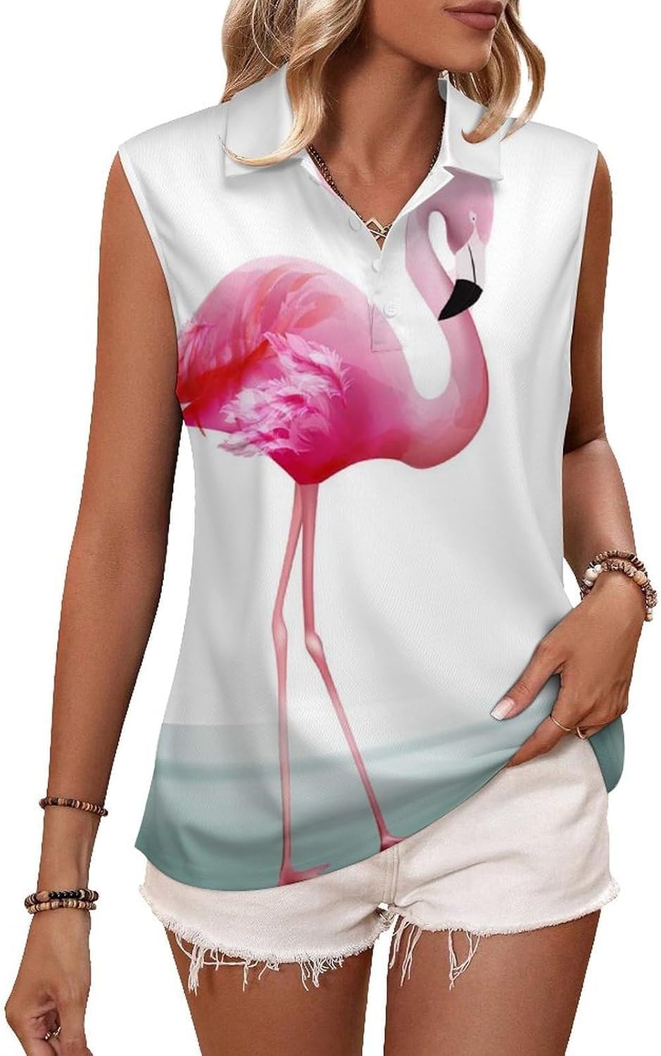 Beautiful Pink Flamingo Women's Golf Shirt Sleeveless Polo Shirts Tank Tops Blouses Tennis T-Shirts Casual