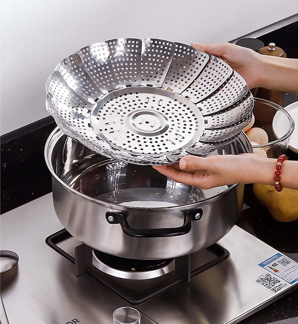 Stoompan, mand, roestvrij staal, groentestoommand, opvouwbare stoompan, inzetstuk voor vegie, vis, zeevruchten, koken, uitbreidbaar tot verschillende maten pannen (13 cm tot 22,9 cm