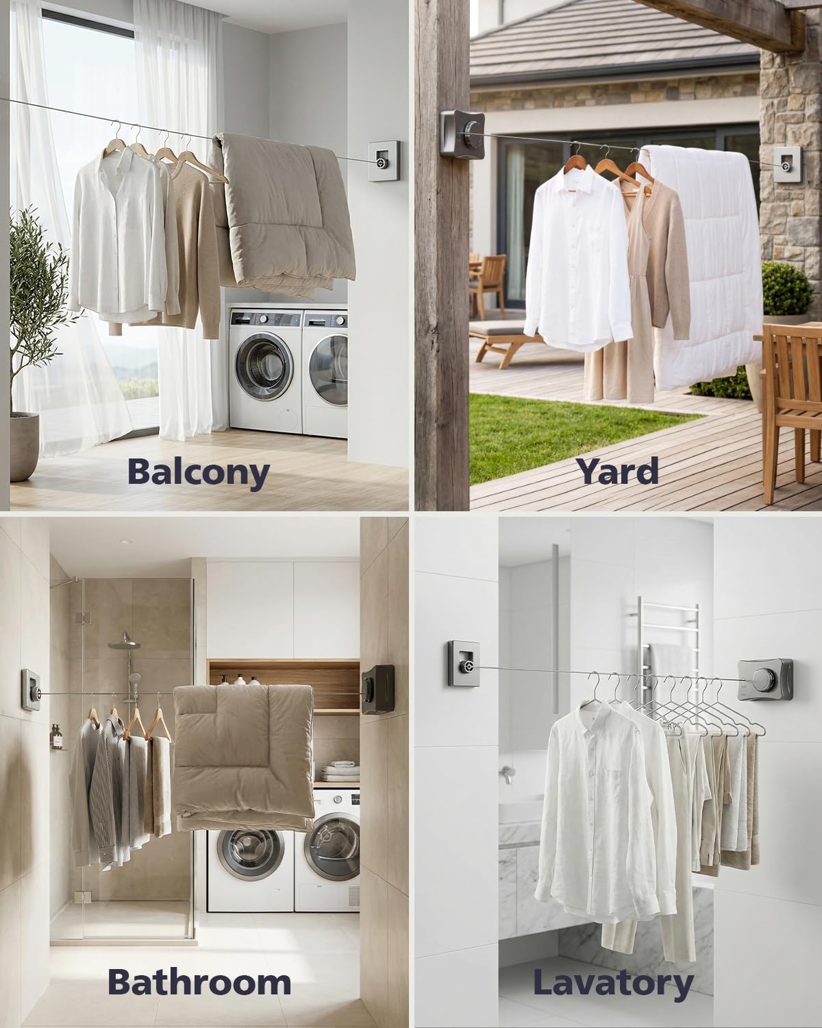 17.7 Ft Retractable Clothesline, Non-Sagging Wall Mounted Laundry Line with 10Pcs Clothespins, Heavy Duty Auto Retracted Indoor Outdoor Clothes Line for Bathroom Balcony Apartment RV Travel, 44LB MAX