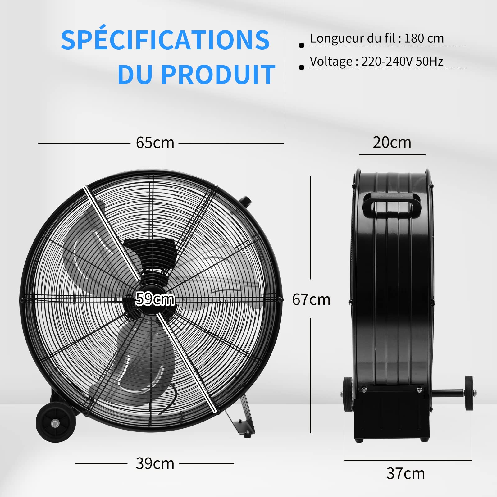 COSTWAY Ventilateur de Sol 24″ Industriel à Volume d'Air Elevé avec 3 Vitesses, 3 Pales en Aluminium, Moteur en Cuivre, Roulettes et Poignée Latérale