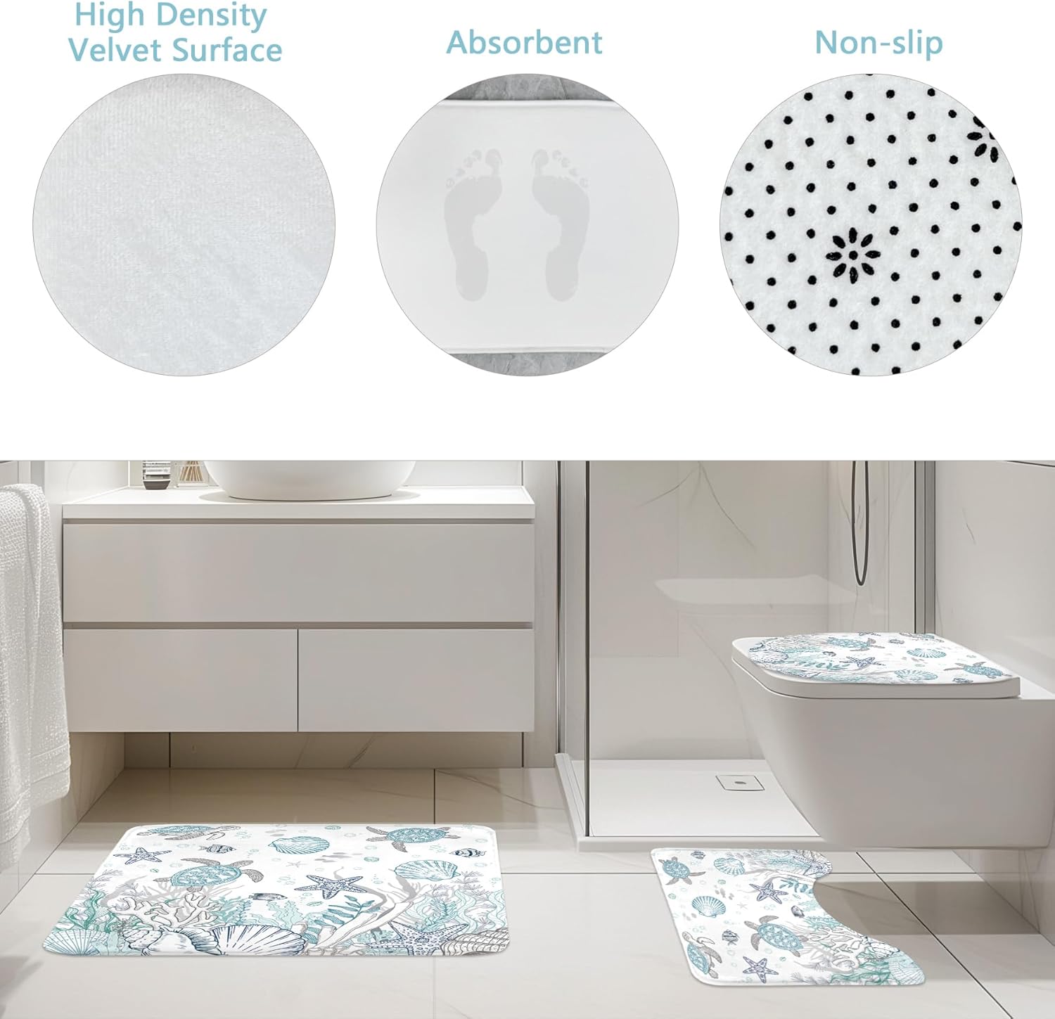 Riyidecor Beach Sea Turtle 4Pcs Bathroom Shower Curtain Sets Ocean Coral Seashell Underwater Kid Bathroom Decor Set with Rugs and Accessories Girly Toilet Lid Rug, Contour and Bath Mat with 12 Hooks