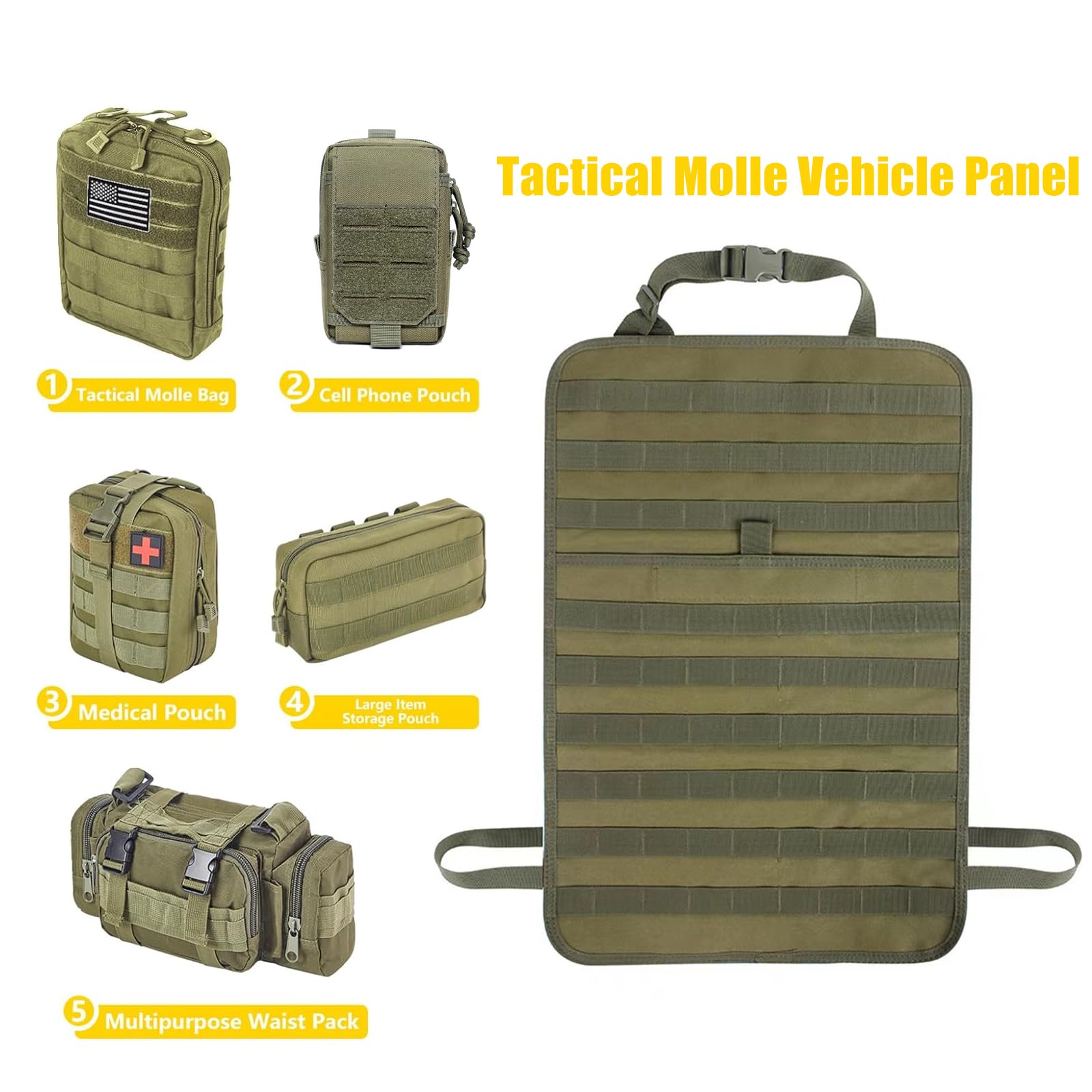 Jimikay Organiseur tactique pour dossier de siège de voiture avec sac à suspendre et 5 poches Molle détachables - Organiseur de panneau Molle pour véhicule - Sac de rangement universel pour la plupart