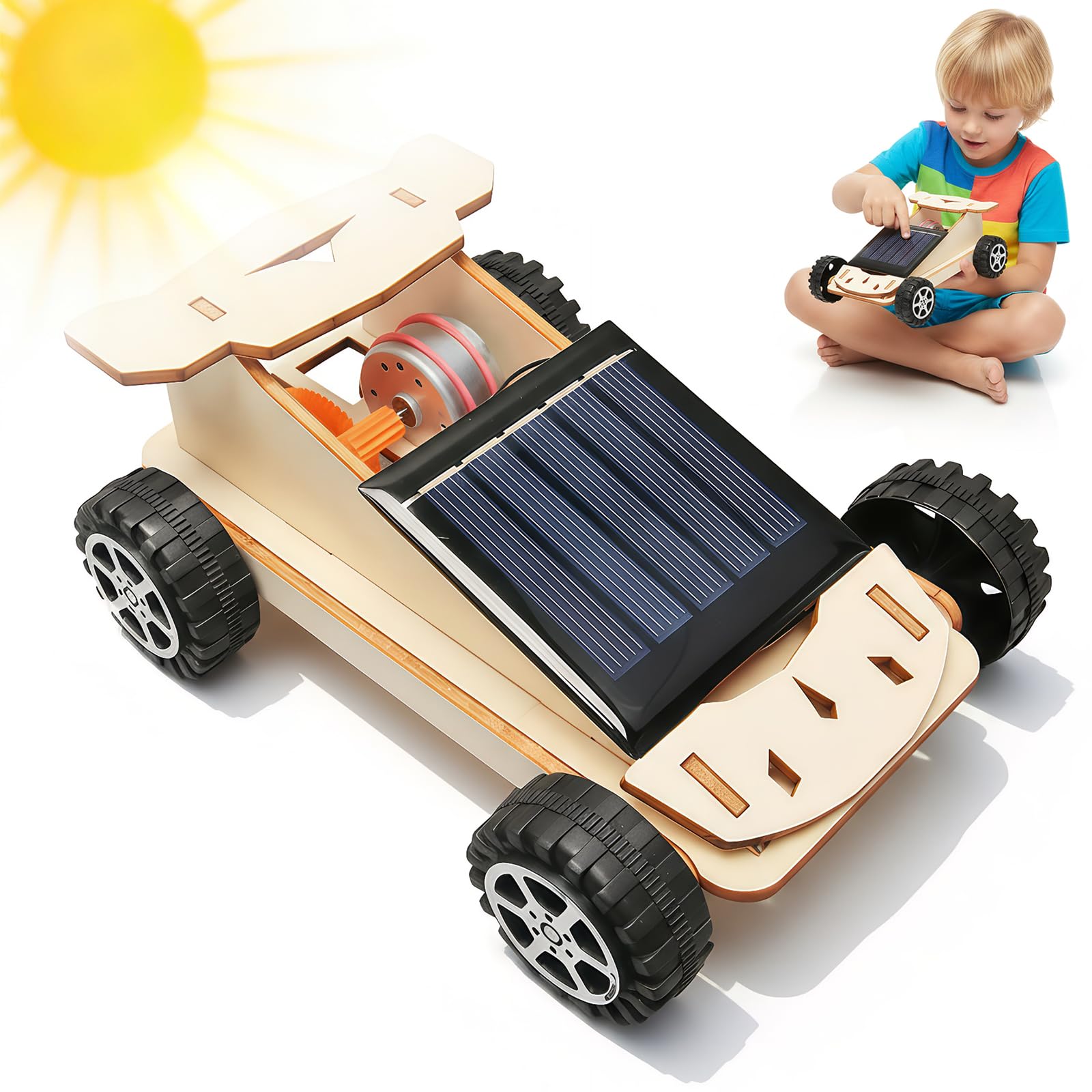 Solarbetriebenes 3D Holzpuzzle Bausatz, DIY Solarbetriebenes Auto Holzbausatz für Kinder ab 8 Jahren, Solar Holzbausatz Auto, 3D-gebäuderätsel Solarauto, solar Roboter Spielzeug für Jungen Mädchen