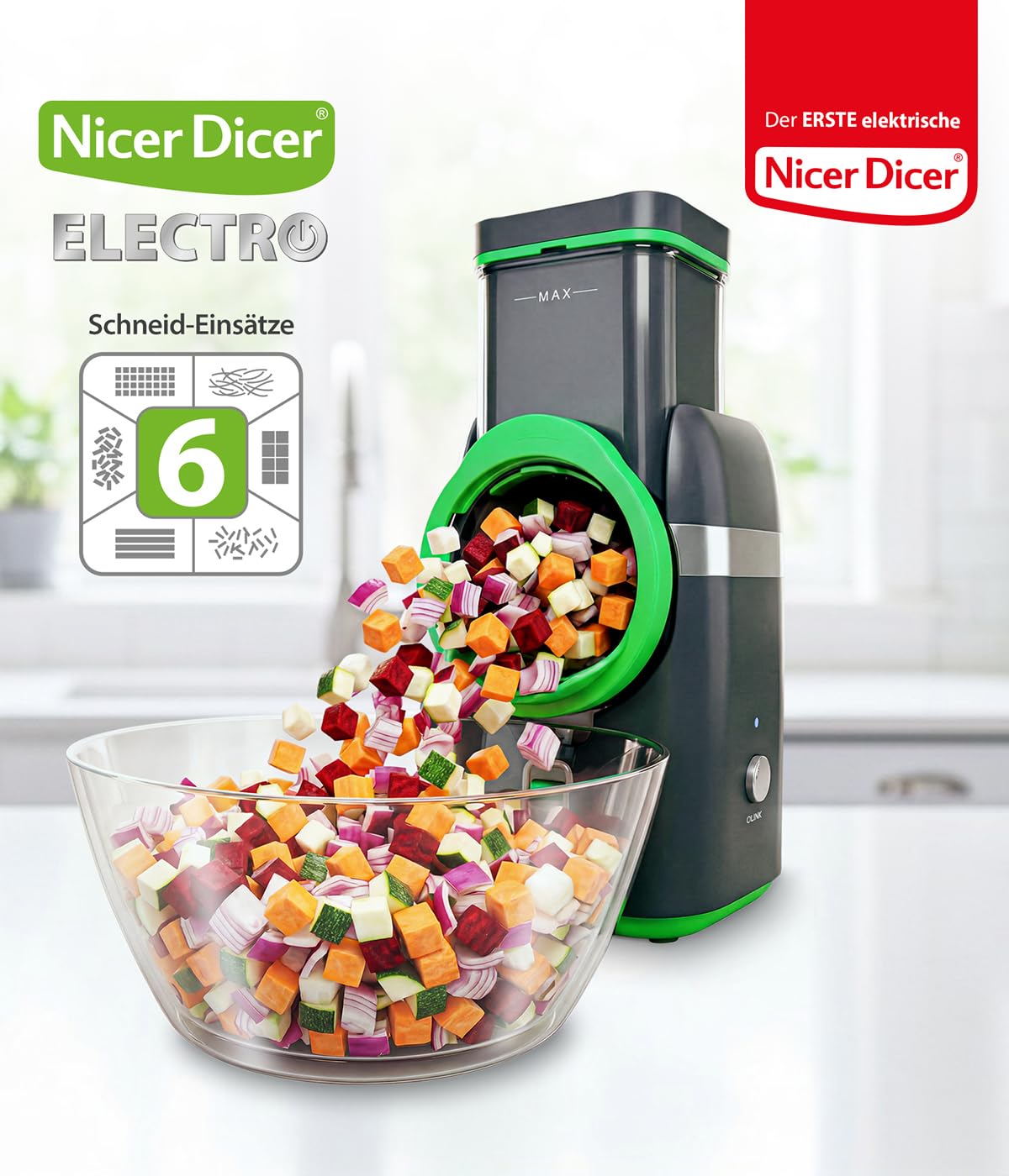 Genius Nicer Dicer Electro + Kontaktgrill Set 38-tlg. Elektrischer Gemüseschneider für Obst, Gemüse & Nüsse inkl. Elektrogrill mit abnehmbaren Antihaft-Grillplatten für Sandwiches & Steak