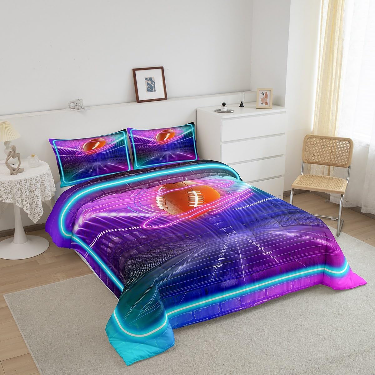 Feelyou Football Rugby Bedding Set Boys Full Size Stadium Field Comforter Set for Kids Teens Adult Sport Theme Duvet Set 3D Fluorescence Quilt Set 3Pcs