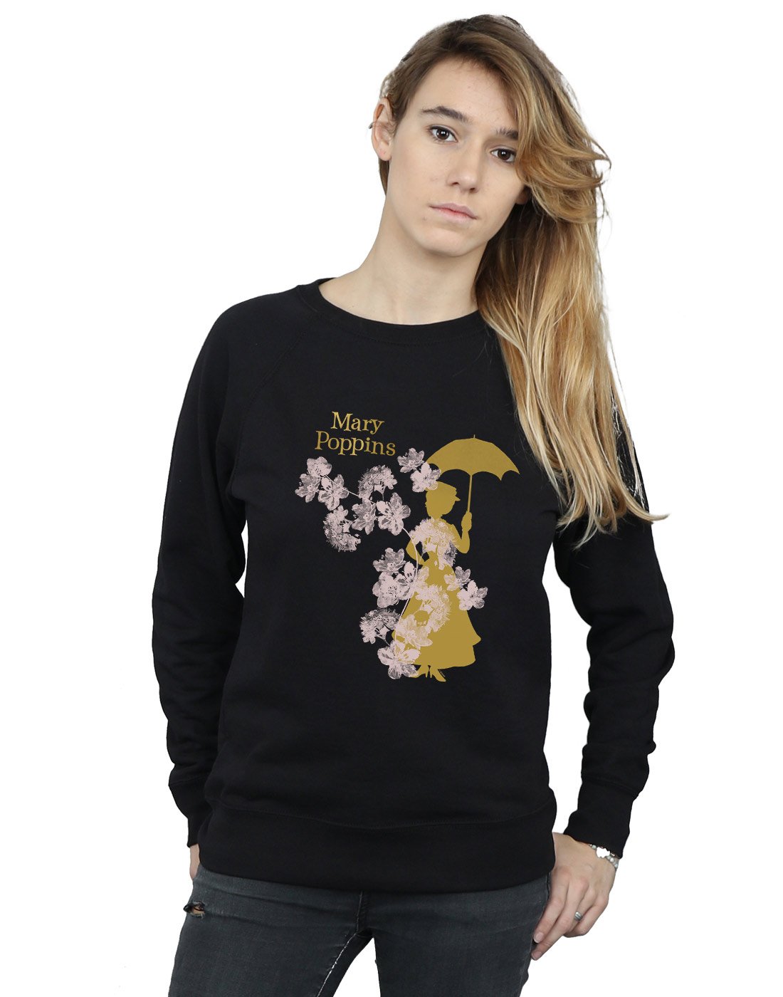 Disney Women's Mary Poppins Floral Silhouette Sweatshirt Black Large