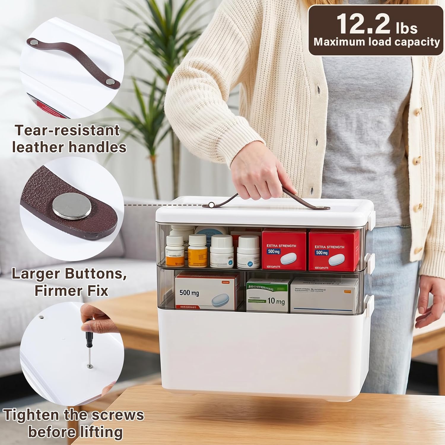 Clemate 3-Tier Extra Tall Medicine Organizer, Portable Medicine Cabinet Organizer with Leather Handle, Medicine Storage Box for Upright Bottles, Multipurpose Medical Supply Organizer for Home