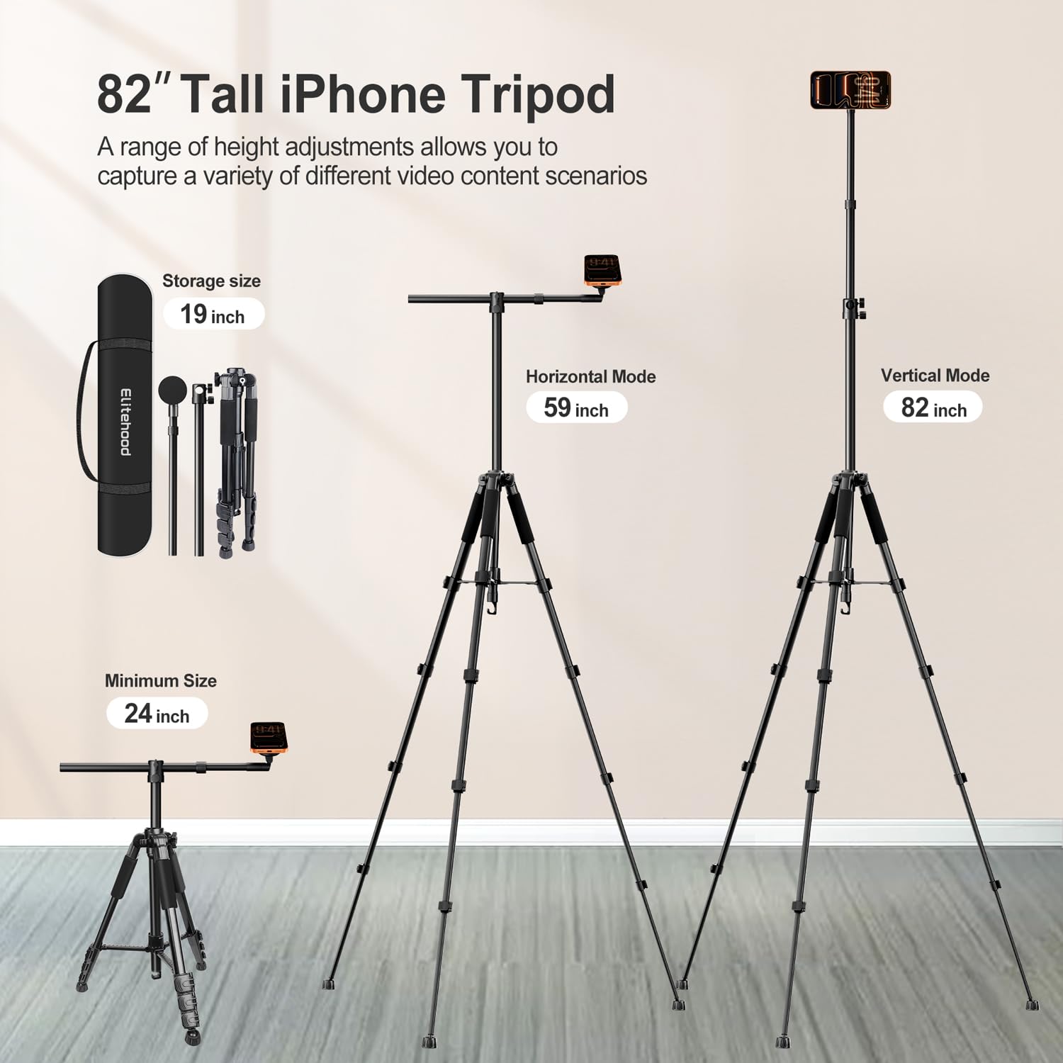 elitehood Trípode magnético para iPhone con brazo extensible de 25 pulgadas de largo, trípode horizontal alto de 59 pulgadas para grabación de video, soporte giratorio de 360° para iPhone para