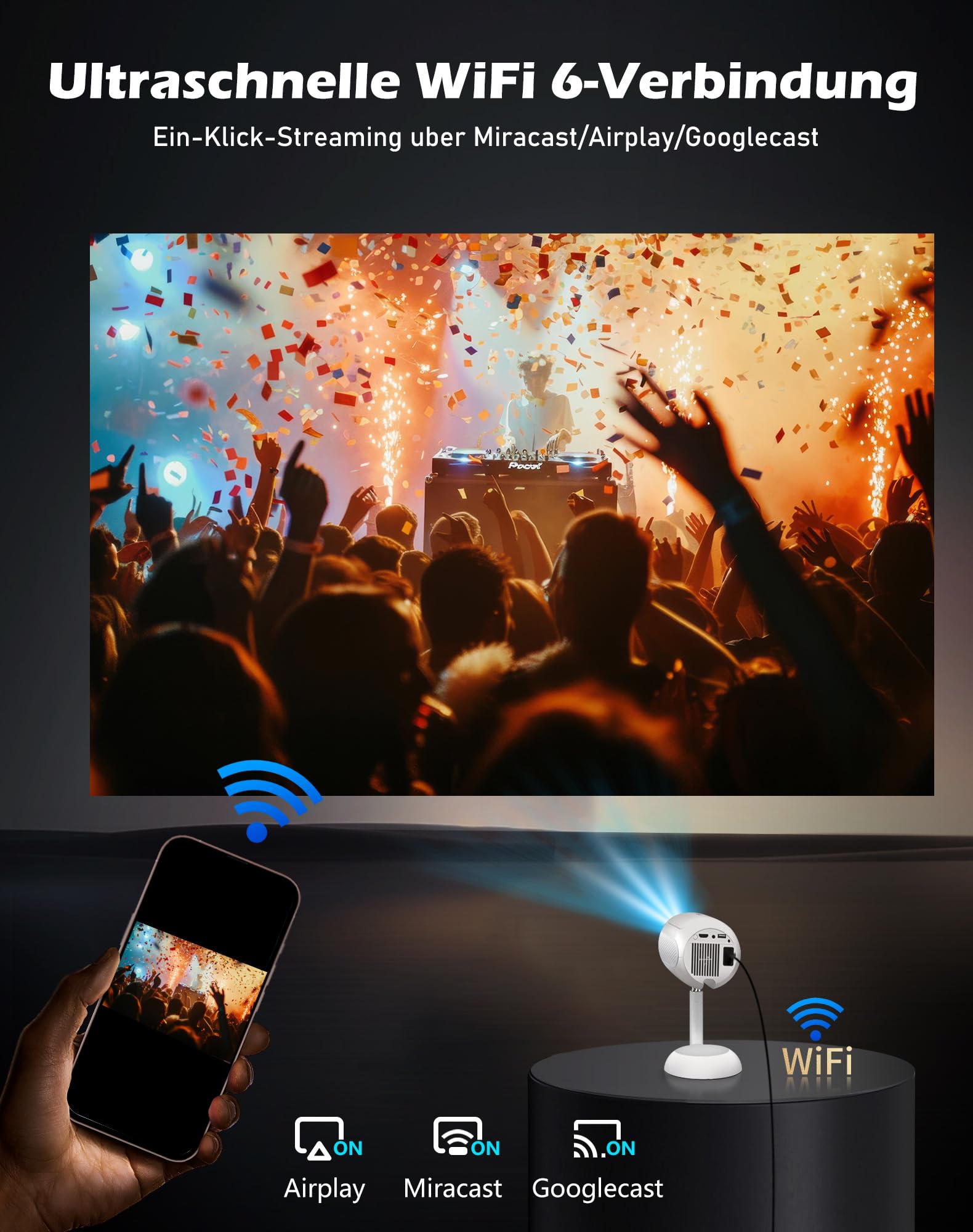 VGKE Mini proiettore con app Android, messa a fuoco automatica 3D TOF, correzione trapezoidale automatica, 16000 lumen, supporto Full HD 4K, proiettore portatile WiFi 6 Bluetooth per esterni/cellulare