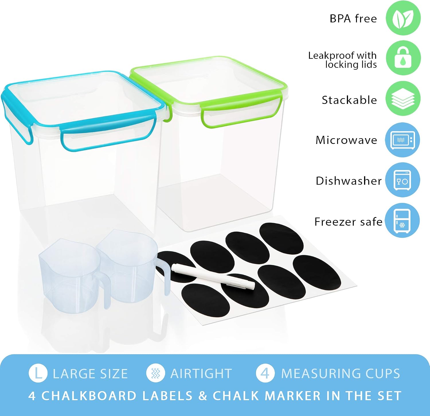 2 Large Airtight Food Storage Containers for Flour, Sugar 142 ounces - Kitchen Pantry Plastic Containers - Air Tight Canisters Set With Locking Lids - 4 Labels, Marker and 2 Measuring Cups by GoodCups