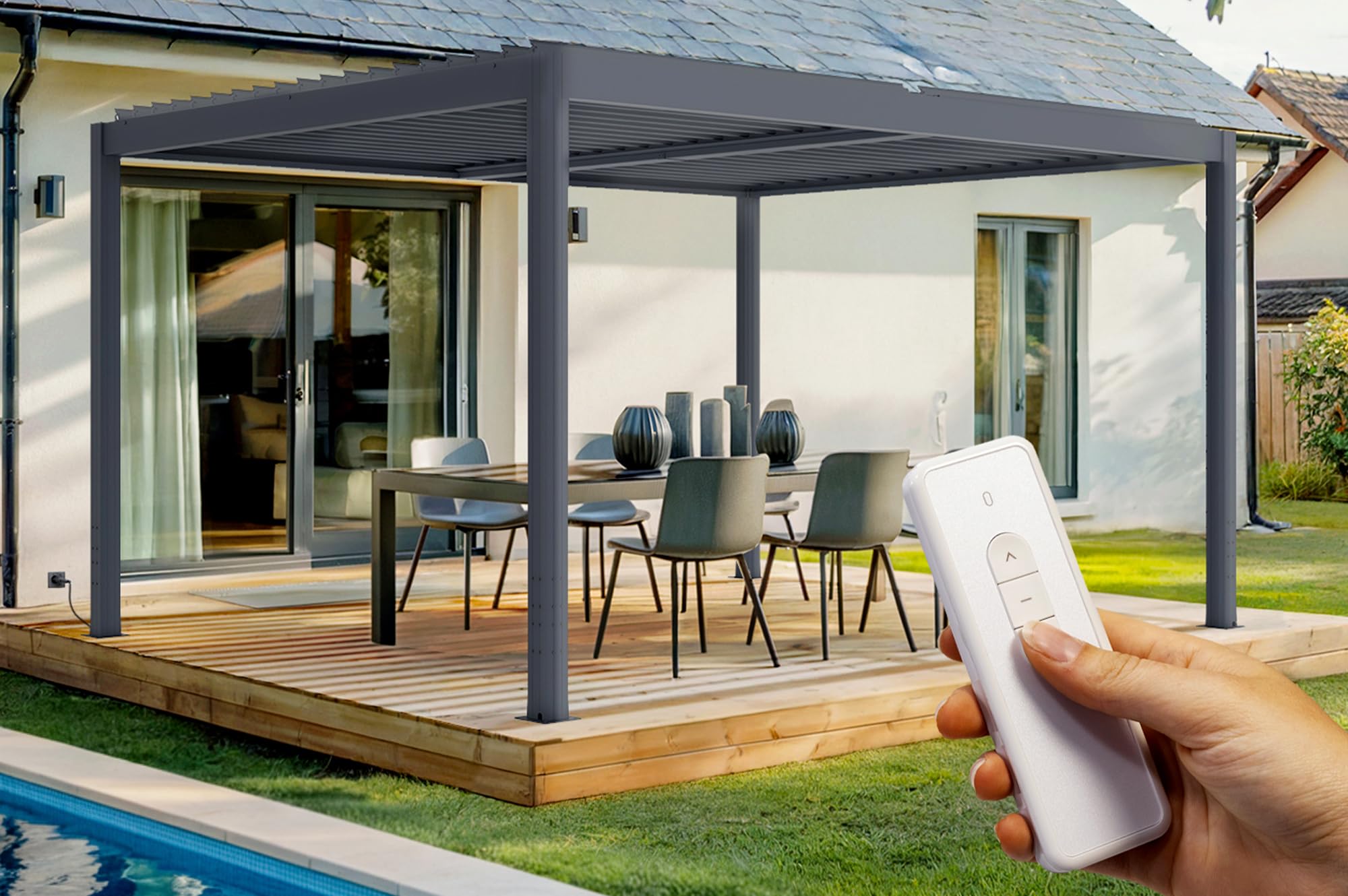 Cazeboo SANTA 4x3m szara aluminiowa pergola bioklimatyczna z napędem elektrycznym