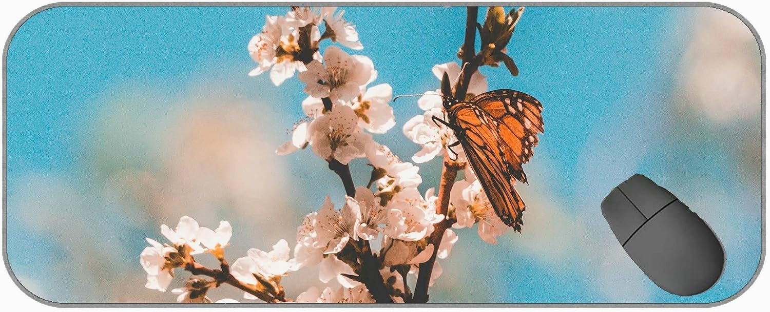 Large Gaming Mouse Pad, Butterfly Branch Flowers Office Mouse Pad