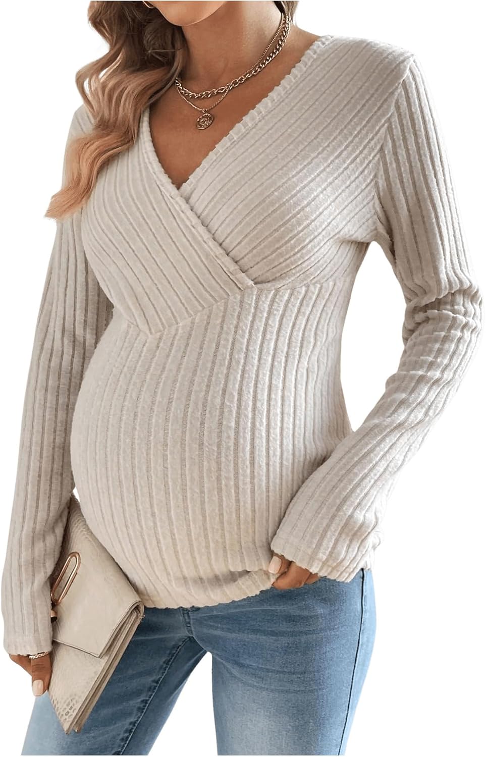 SweatyRocks Women's Maternity Tops V Neck Long Sleeve Ribbed T Shirts Pregnancy Clothes