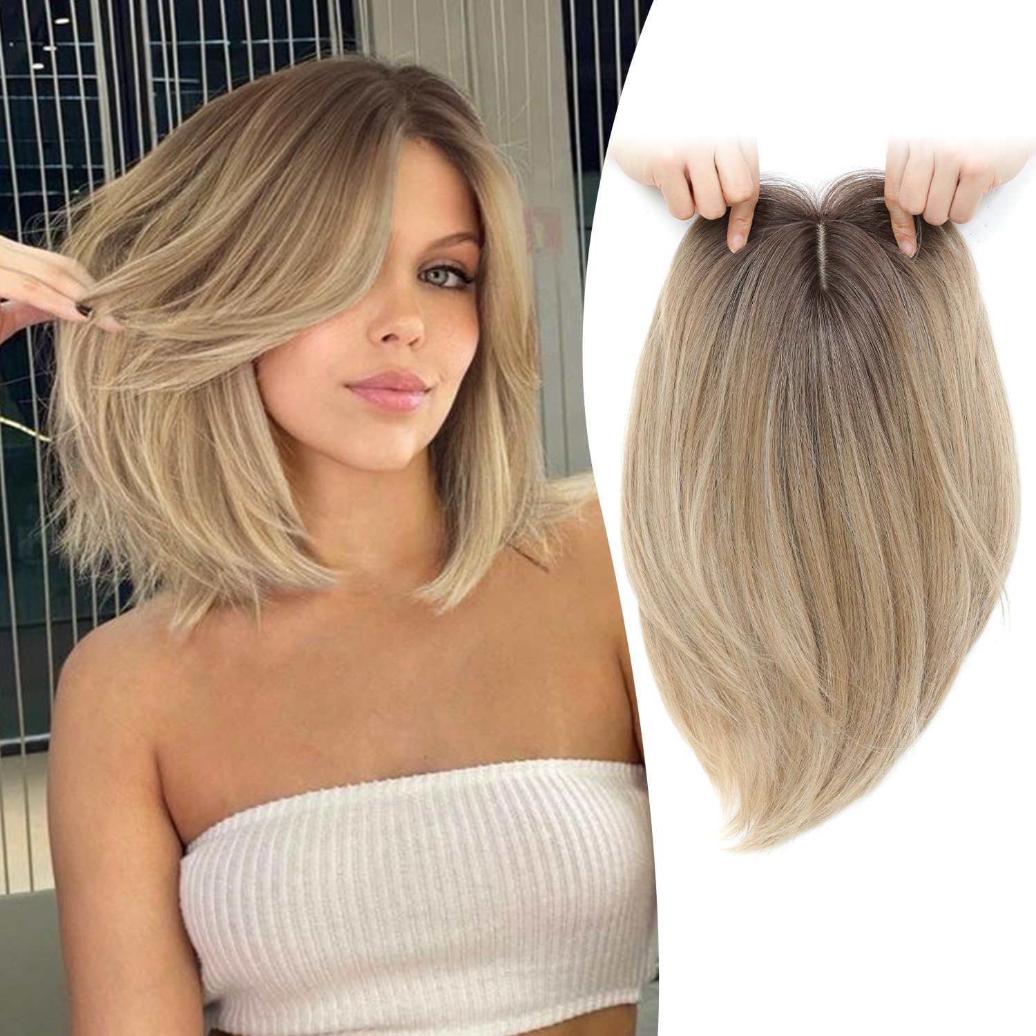 Ms Taj Hair Topper 12 Inch Hair Toppers for Women with Thinning Hair 6.5"x6.5" Large Base Synthetic Hair Topper with Bangs Fiber Wiglets Ladies Toppers Hair Pieces for Women-Ombre Dark Blonde 12 Inch Ombre Dark Blonde