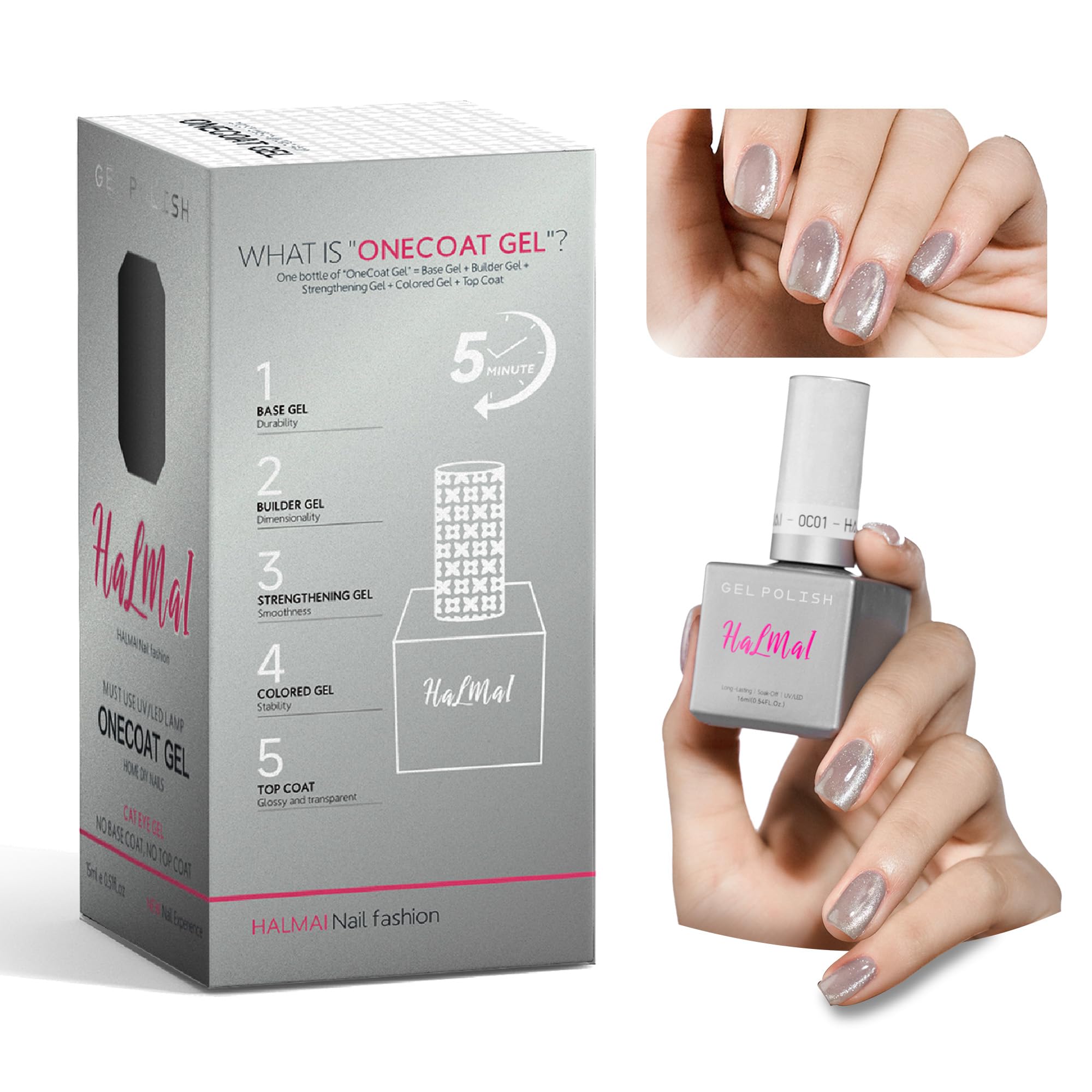 HALMAI Smalto Semipermante Cat Eye OneCoat con Magnete 5 in 1 per Unghie (Base, Colore, Ricostruzione, Rinforzante, Top Coat) -Regalo per Unghie Fai da Te, Ideale per Principianti & Casa (Argento)