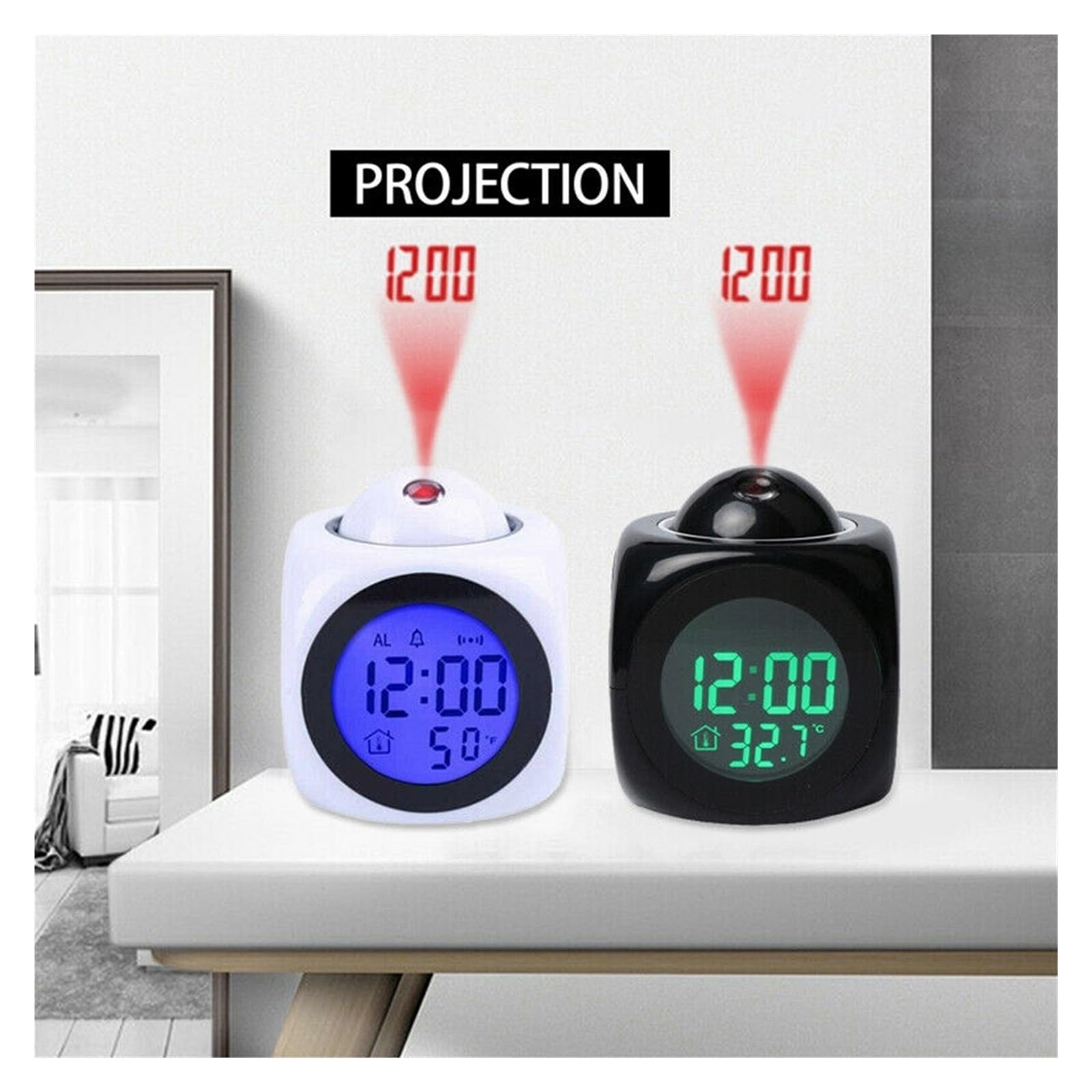 Cyfrowy Budzik LCD Kreatywny Projektor Pogoda Temperatura Czas Na Biurku Wyświetlanie Daty Projekcja Ładowarka USB Domowy Zegar Timer WyraźNy Obraz(Black)