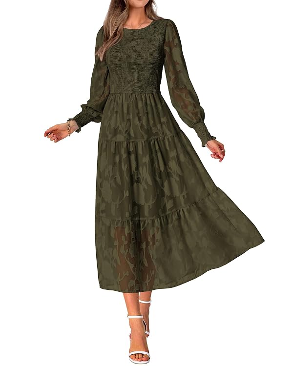 BTFBM Wedding Guest Dresses for Women Fall Fashion 2025 Casual Long Sleeve Floral Maxi Boho Homecoming Dress(Army Green,Small) by BTFBM - Used condition - US$16.76