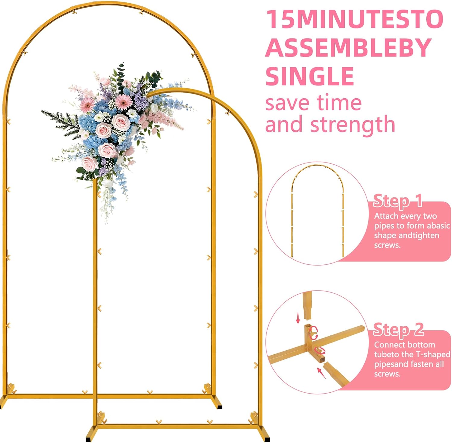 Metal Arch Backdrop Stand Set of 2 Gold Wedding Arch Stand 7.2FT & 6FT Arched Backdrop Frame for Birthday Party Anniversary Engagement Anniversary Bridal Valentine Party Event Decoration