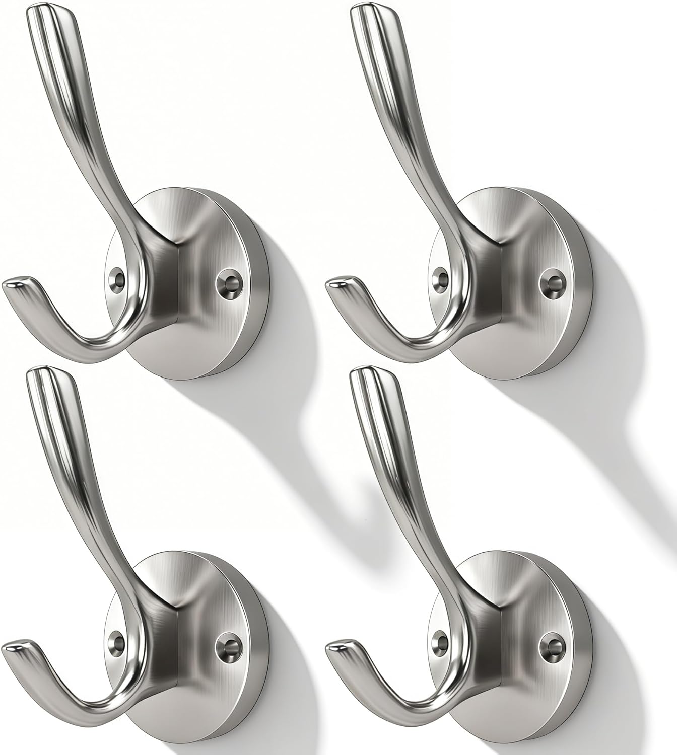 ZUONAI Towel Hooks for Bathrooms Silver Wall Hooks Brushed Nickel Coat Hooks Heavy Duty Towel Wall Hooks for Coats Robes Hats Bath Entryway Cubicle Kitchen Screw in Towel Hooks (Brushed, 4, Count)