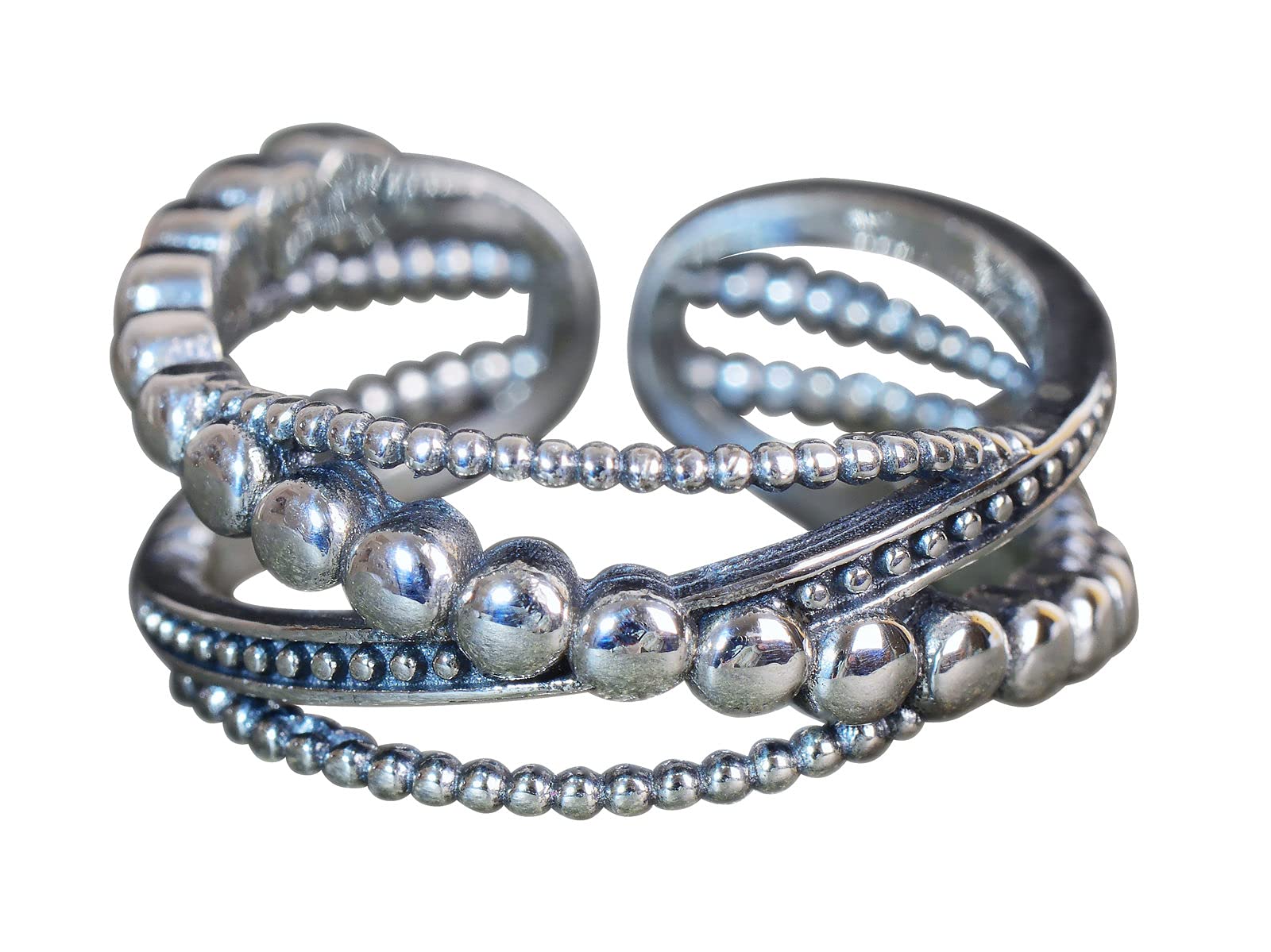 NicoWerkSRI664 Women's Vintage Silver Jewellery Ring 925 Sterling Silver Blackened Asymmetrical Intertwined Playful Adjustable Open