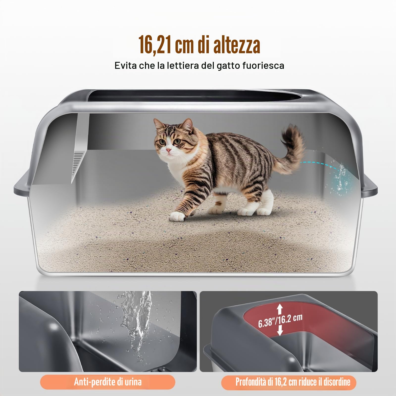 VEVOR Lettiera XL in Acciaio Inox per Gatti con Paletta, Profondità 152,4 mm, Ampia Pedana Filtrante, Lati Alti, Inodore, Grigio Scuro