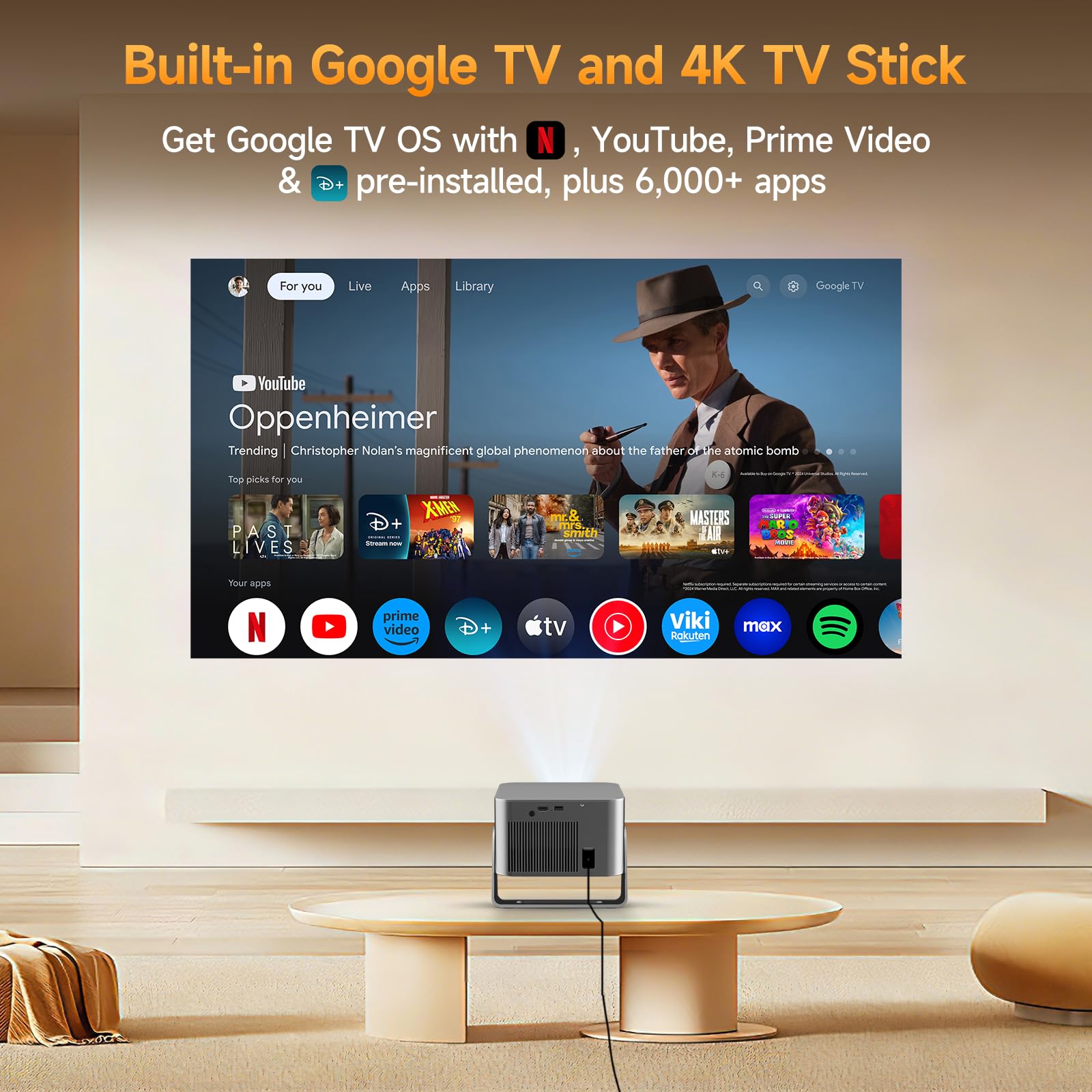 Alwtniet Mini Proiettore Portatile 4K con Google TV, Full HD 1080P Nativo App Integrate Videoproiettore Bluetooth WiFi Projector Autofocus Keystone 6D Evitamento Ostacoli Smart TV Telefono