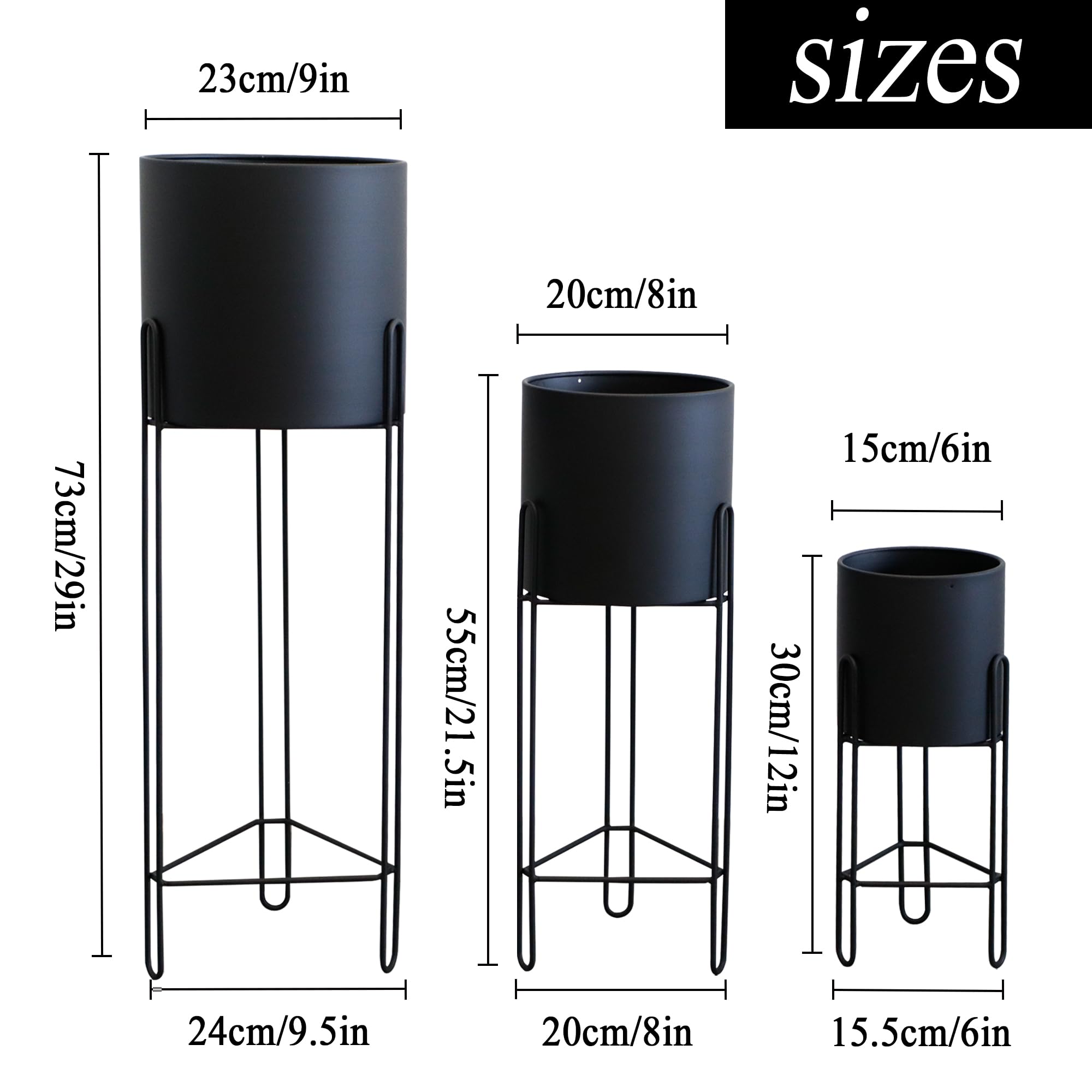 TRIROCKS Lot de 3 pots de fleurs avec support pour plantes d'intérieur de 73,7 cm, 45,7 cm et 30,5 cm pour salon, coin, cuisine, bureau, jardin, balcon, terrasse (noir)