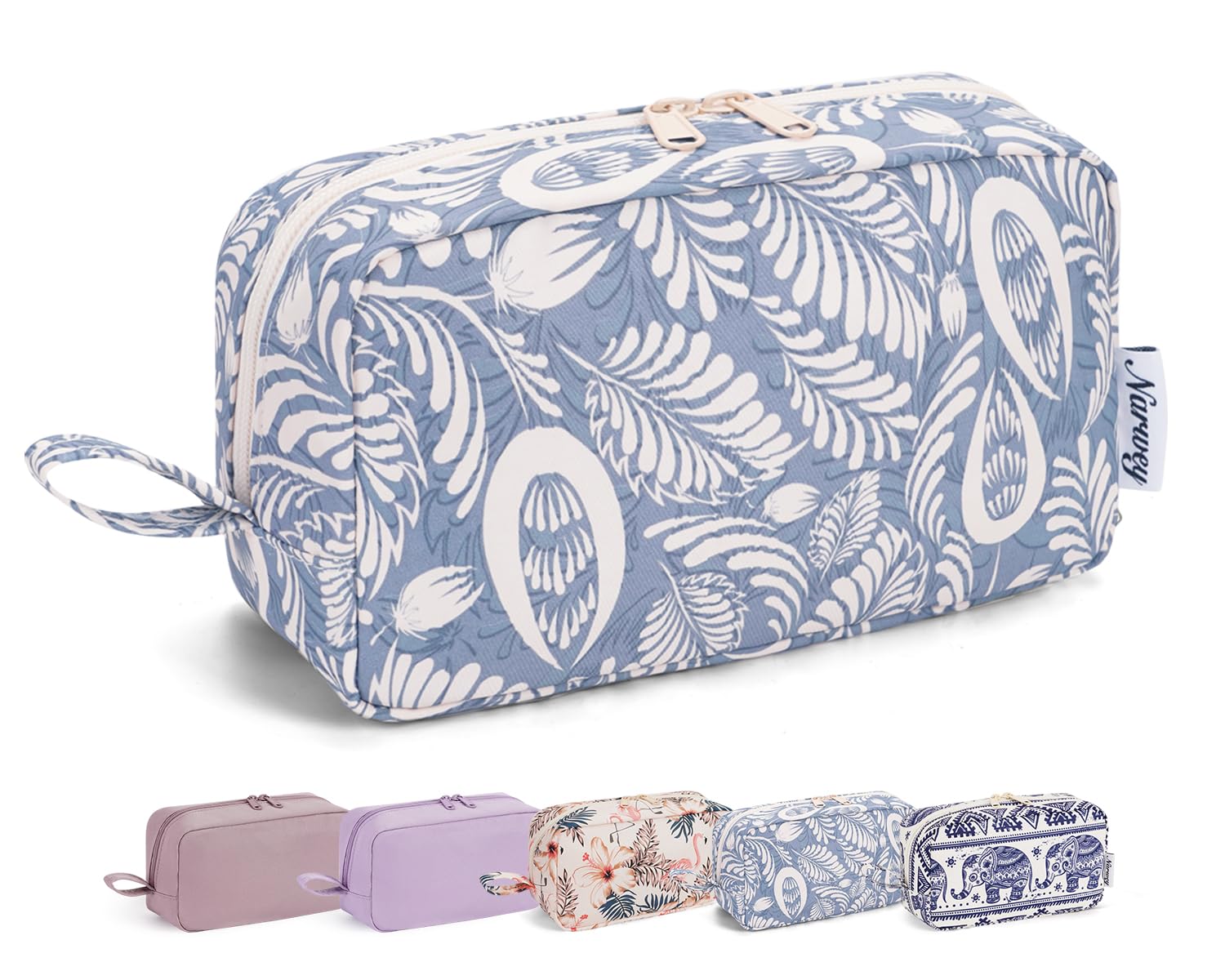 Narwey Cute Makeup Bag Small Toiletry Bag Travel Cosmetic Bag Organizer Make Up Bags with Organized Pockets for Women (Blue Leaf, Large)