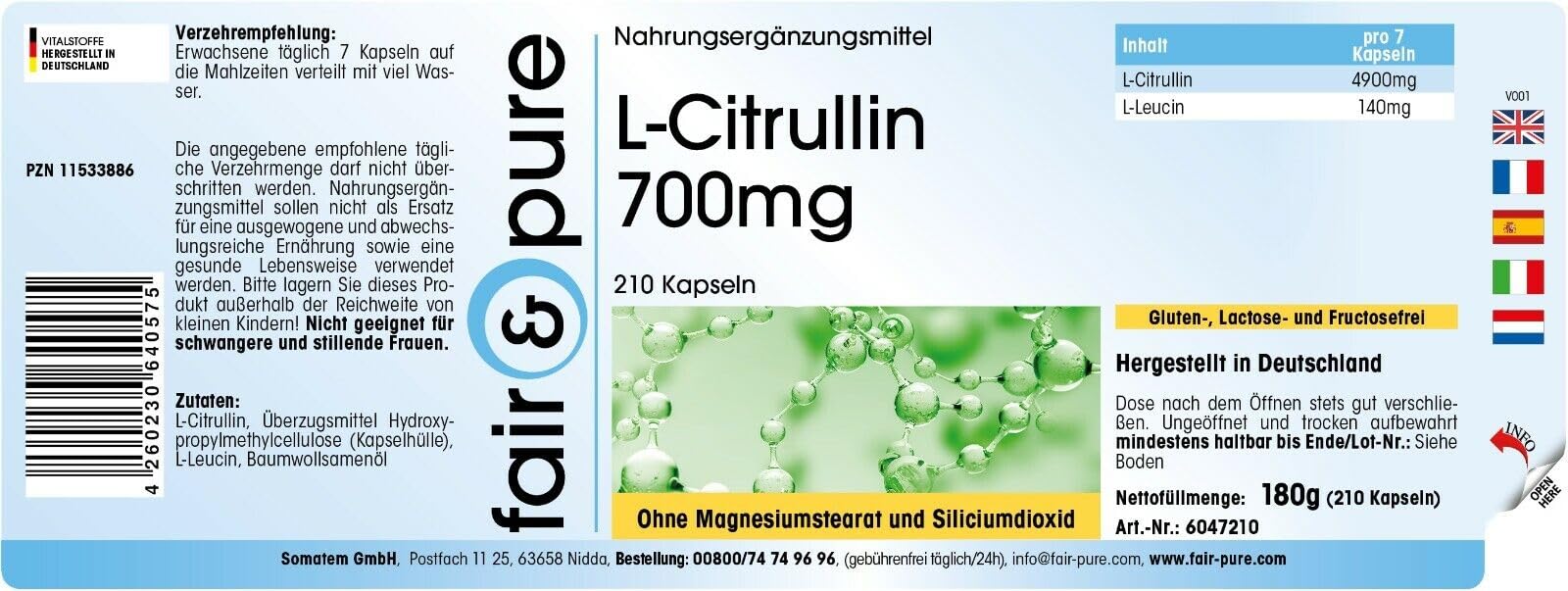 Fair & Pure L-Citrullin 700mg, 210 Kapseln, Nahrungsergänzungsmittel vegan ohne Magnesiumstearat, in Deutschland hergestellt