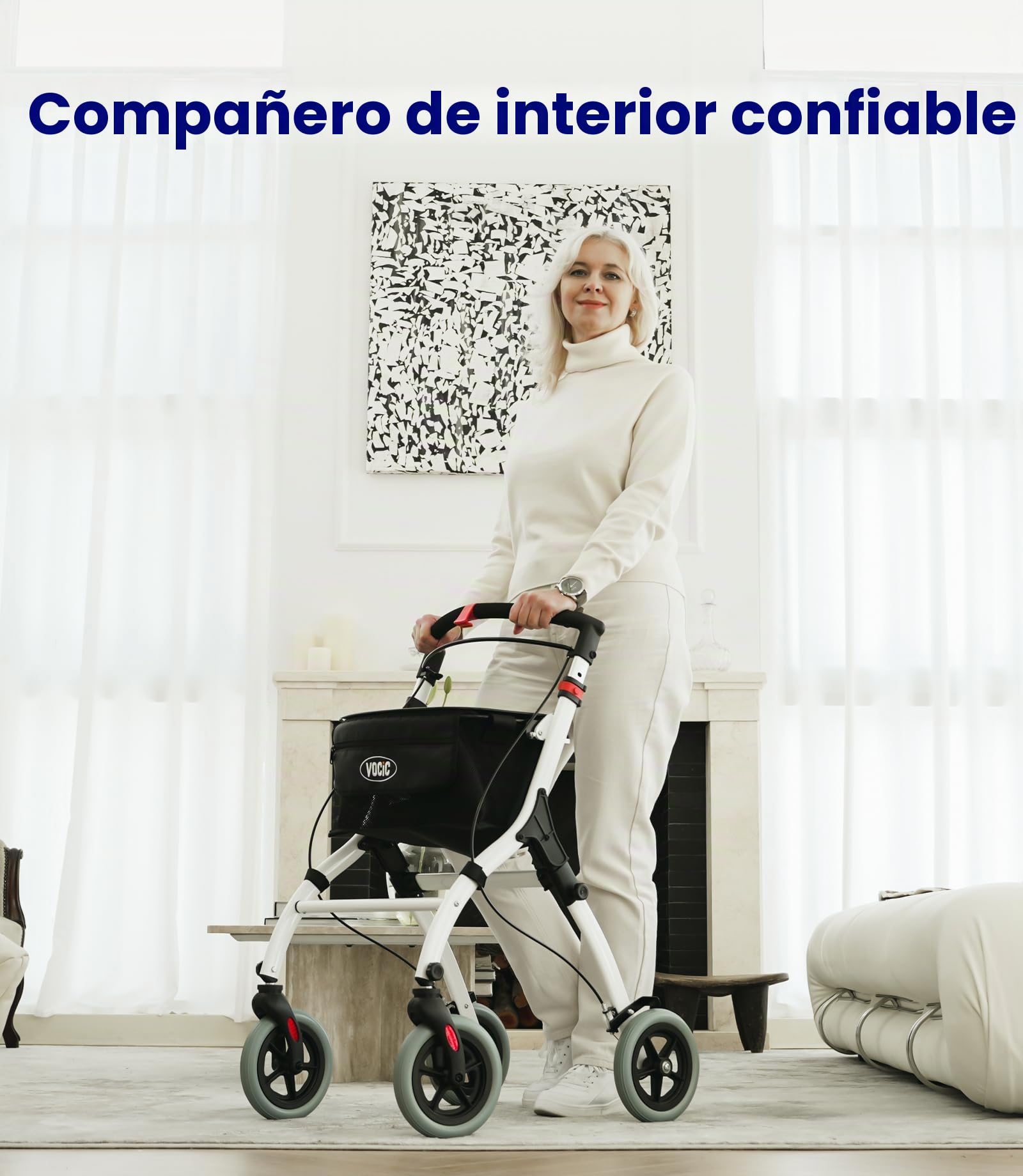 VOCIC Andador estrecho para apartamentos, plegable y ligero, estable con carril, neumáticos antideslizantes silenciosos, para personas mayores, plegables, con bandeja, color negro
