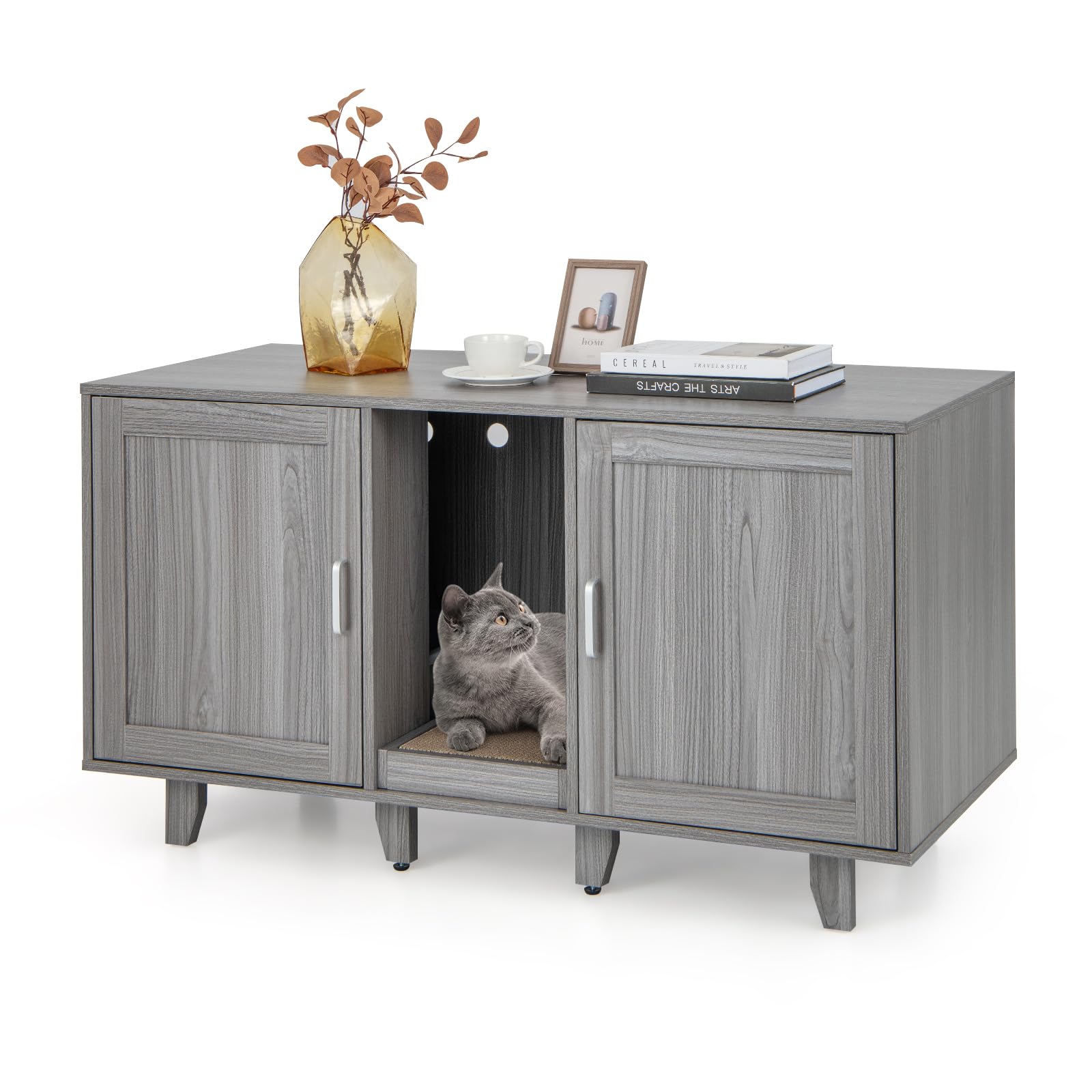 COSTWAY Cajas de Arena para Gatos, Casa de Baño Oculto para Mascota con 2 Puertas, Arenero Cubierto con Entrada Sinuosa y Tablero Rascador, Mesa Auxiliar para Gatos 120 x 52 x 65 cm (Gris Oscuro)