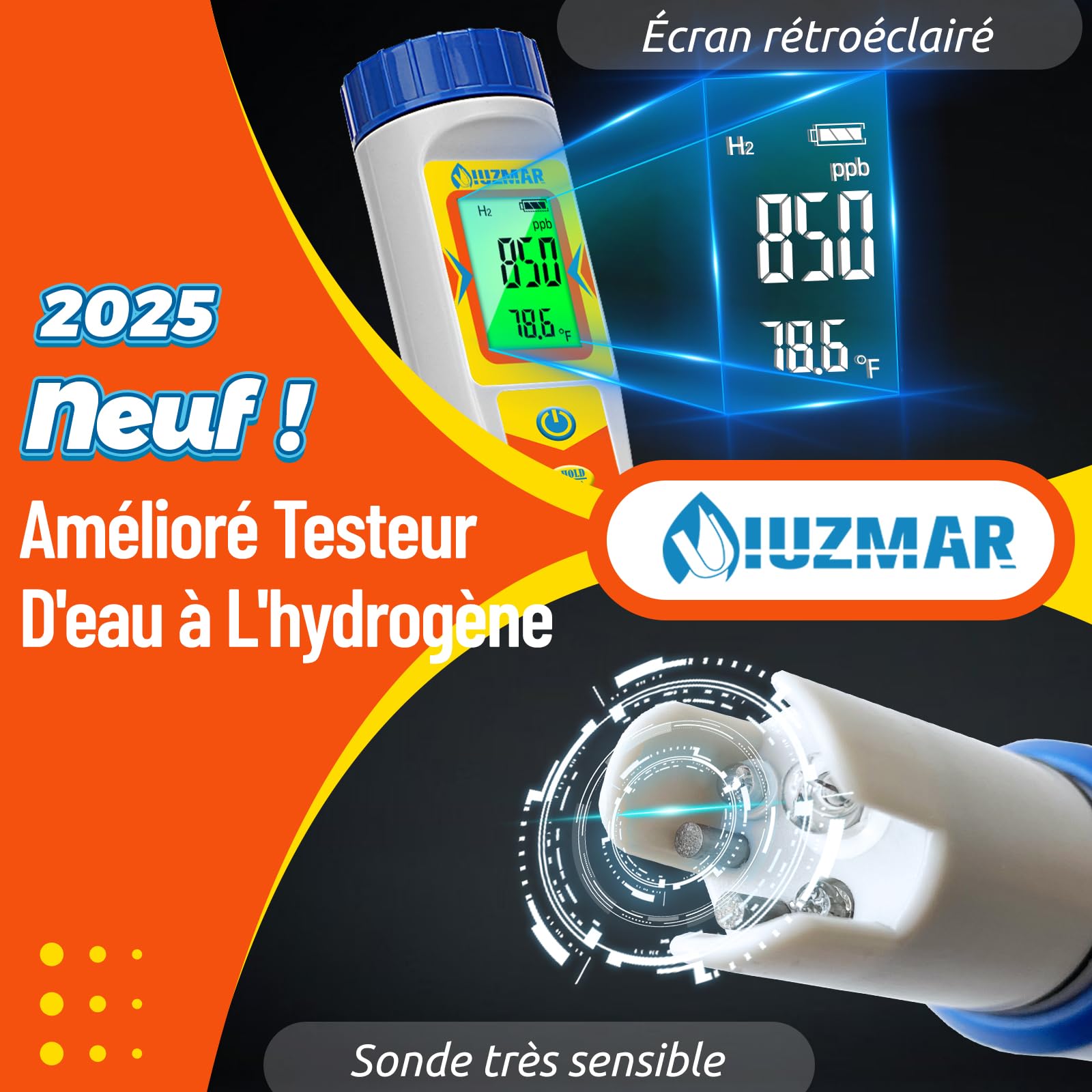 UIUZMAR Hydrogéno Mètre et pH Mètre pour L'eau Testeur de Bouteille D'hydrogène pour L'eau Potable Testeur de Qualité D'eau 6 en 1 avec Fonction ph H2 ORP TDS EC Temp pour Piscine, Hydroponie