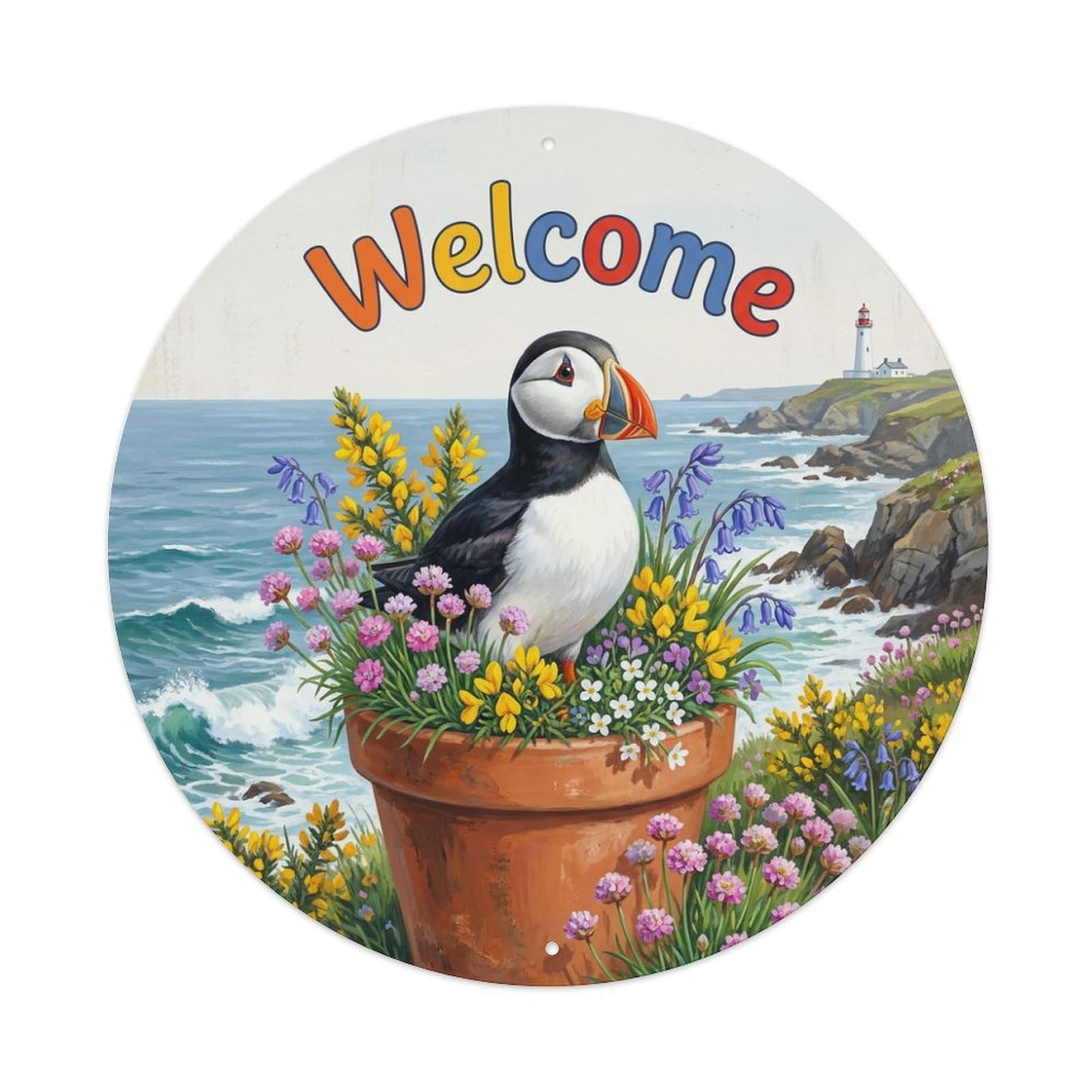 Metal Tin Sign Welcome Puffin Cliff Flower